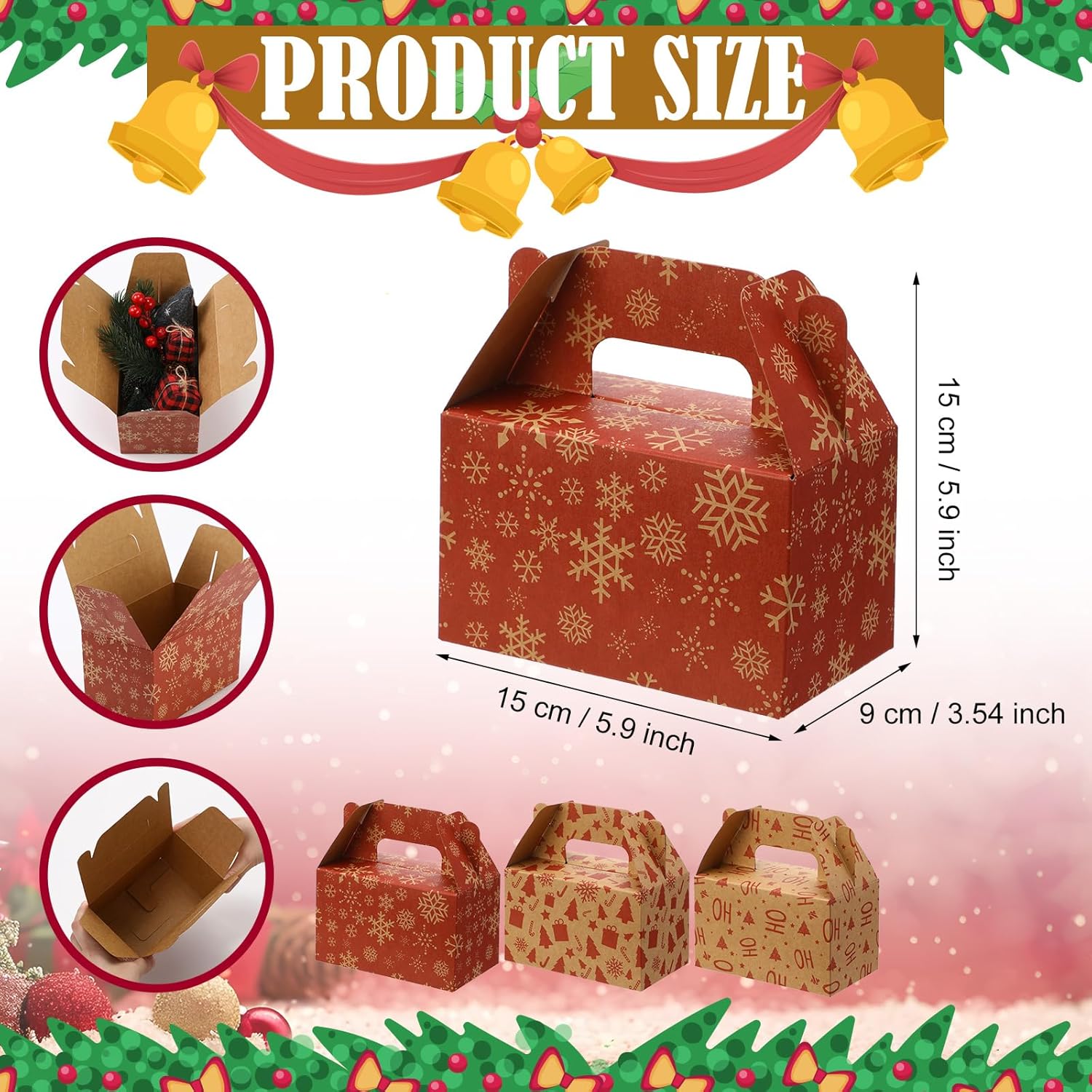 Tenceur 48 Pcs Christmas Kraft Paper Cookie Boxes with Handles 3D Christmas Treat Boxes for Red Bakery, Gift Giving, Desserts Wrapping, Xmas Party Favor Supplies