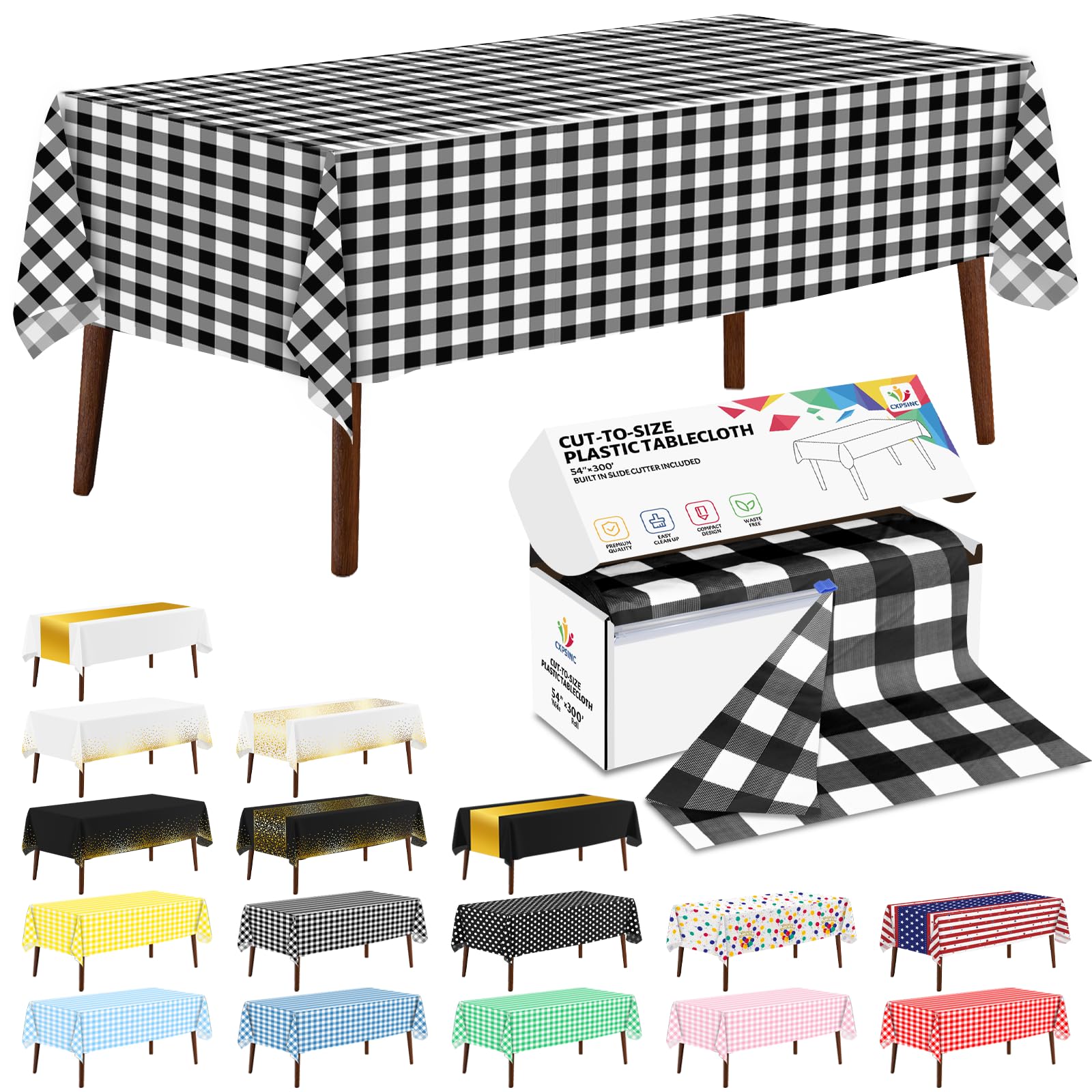 CXPSINC Rollo de mantel desechable de plástico de 54 pulgadas x 300 pies con cortador deslizante para todo tipo de mesas/formas, picnic, fiesta, banquete, cumpleaños, bodas (cuadros negros, 300 pies)
