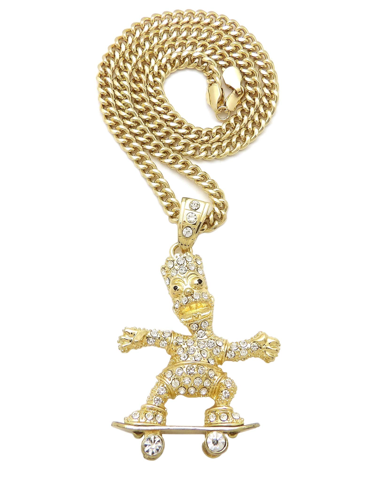 Gold PT Iced Simpson Skateboard Bling Pendant & 6mm 24" 30" Cuban Chain Necklace