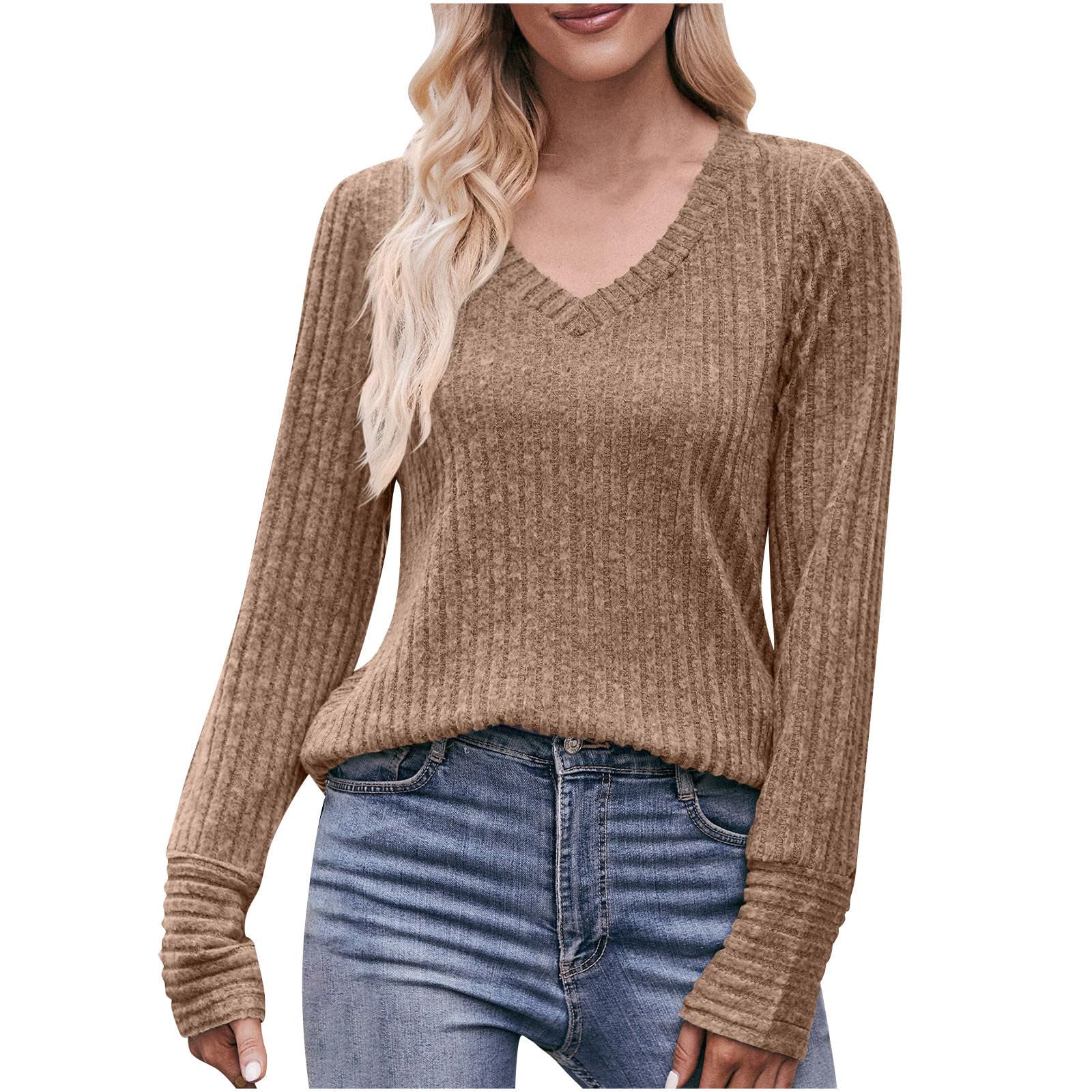 TawopSolid V-Neck Sweaters Striped Solid Button T-Shirt Top Slim Fitted Pullover Tunics Daiy Wear Casual Blouses