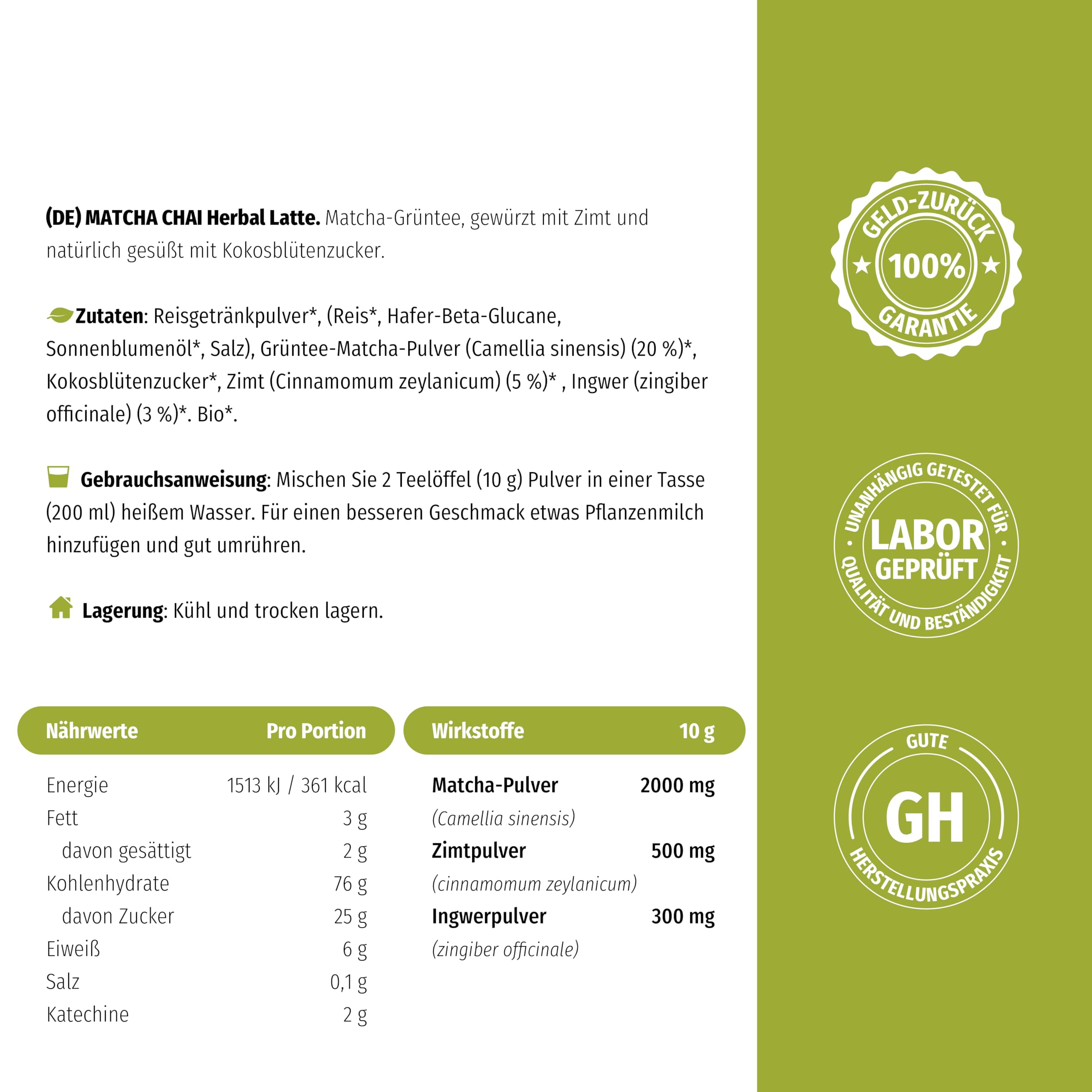 Nature's Finest Bio Matcha Chai Latte, Getränkepulver 375 g (3er Pack) | Matcha-Grüntee (20 %) mit Zimt, Ingwer & Kokosblütenzucker auf Reisdrink-Basis - bio, vegan, cremig aufgeschäumt