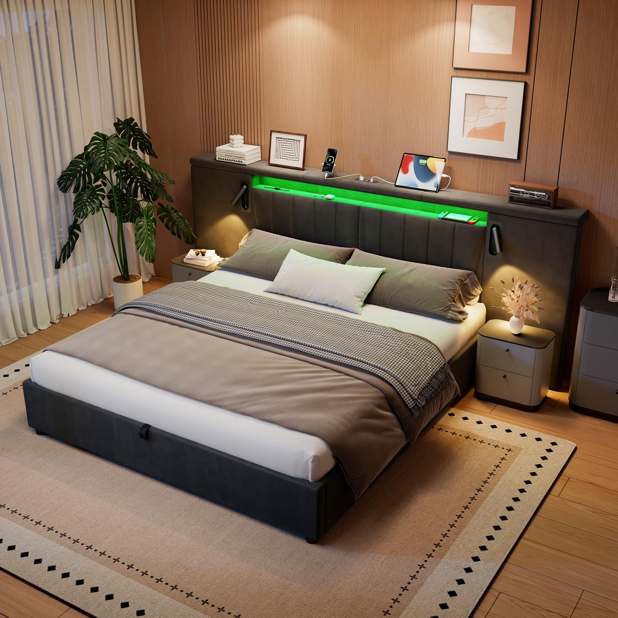 Letto Matrimoniale 180x200 con LED Testiera larga, Letto Contenitore Matrimoniale con porta USB e Lampada, Struttura Letto Matrimoniale Imbottito 180x200, Senza Materasso, Velluto Grigio
