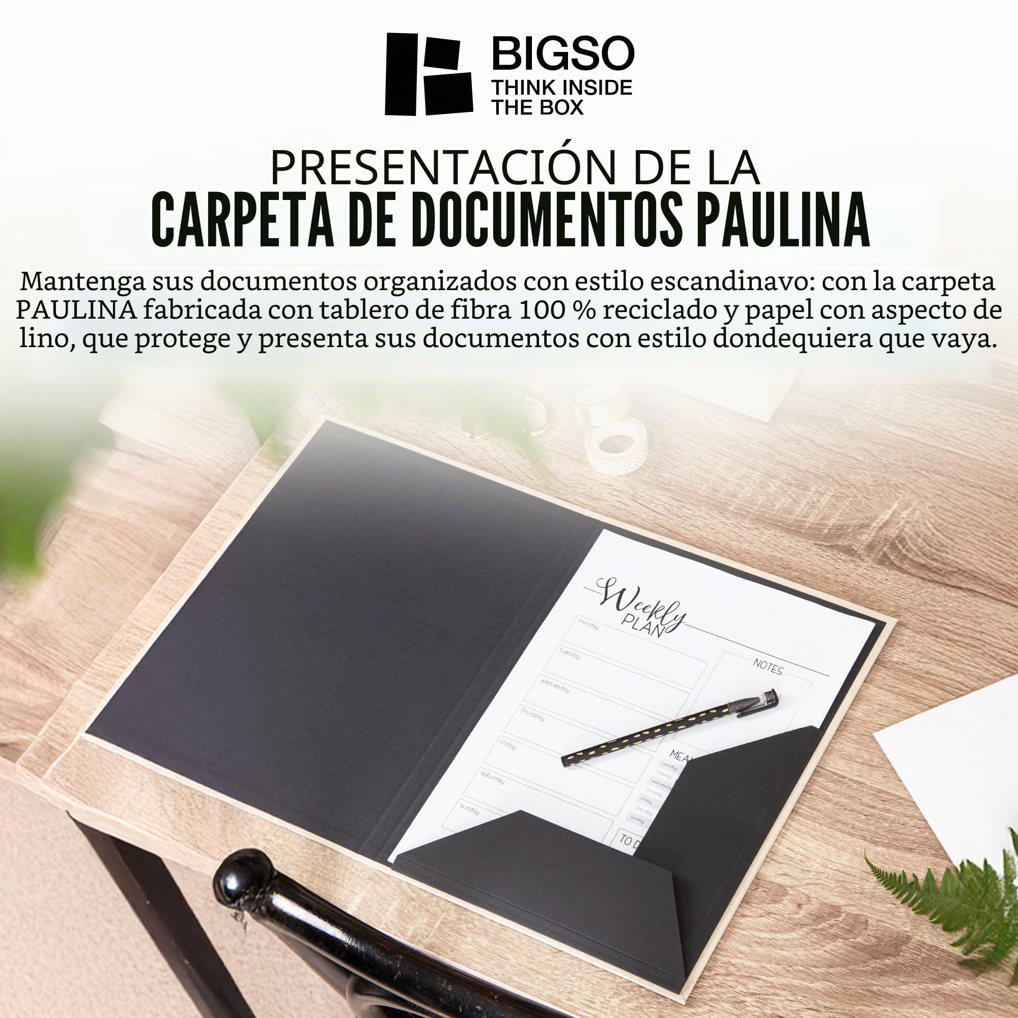 BIGSO PAULINA Carpeta A4 con banda elástica, cartón y papel lino, para documentos y archivos, color beige