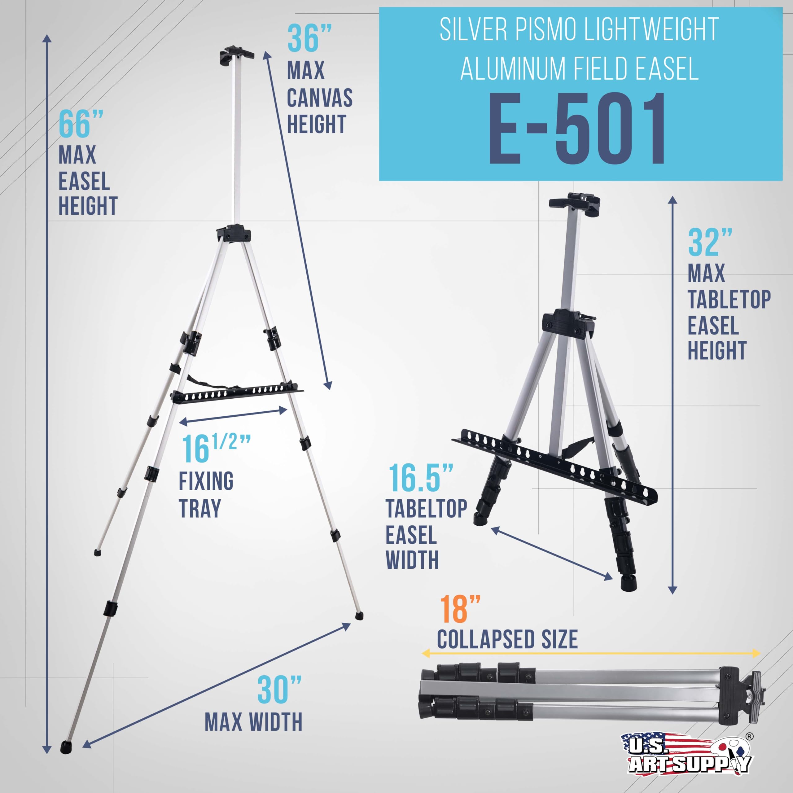 U.S. Art Supply Stabilny srebrny aluminiowy statyw na sztalugę artystyczną i stojak na sztalugę ekspozycyjną – regulowana wysokość od 45 cm do 5,5 m, pomieści płótno 91 cm, ekspozycja na podłogę i