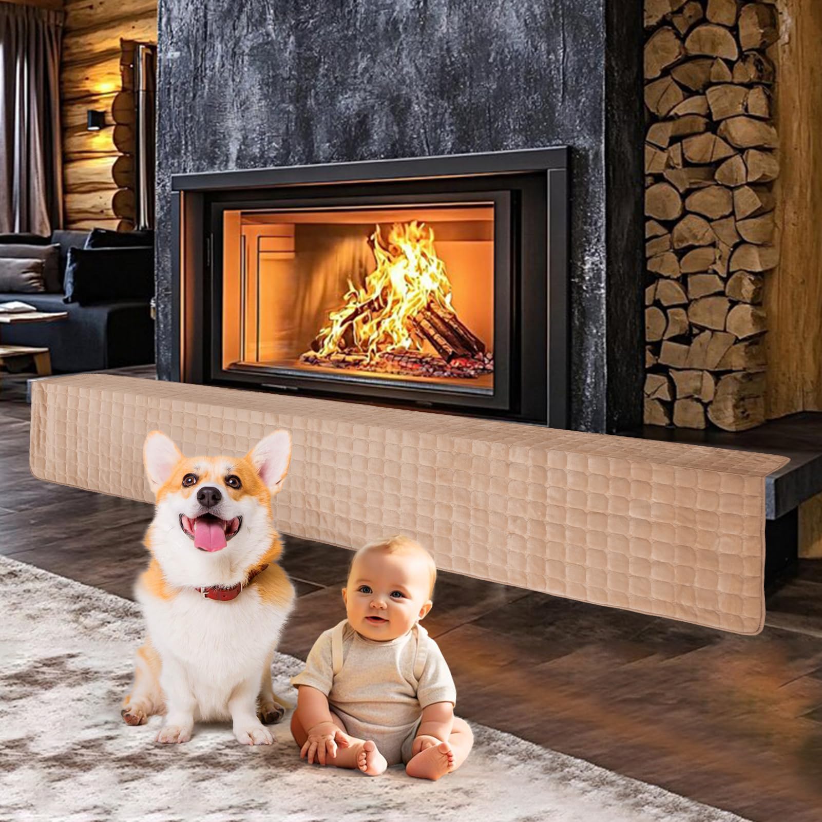 Baby Proofing Fireplace Bumpers - Double Layer Thick Hearth Cover, 94" X 35" Brown, Edge and Corner Guard for Babies
