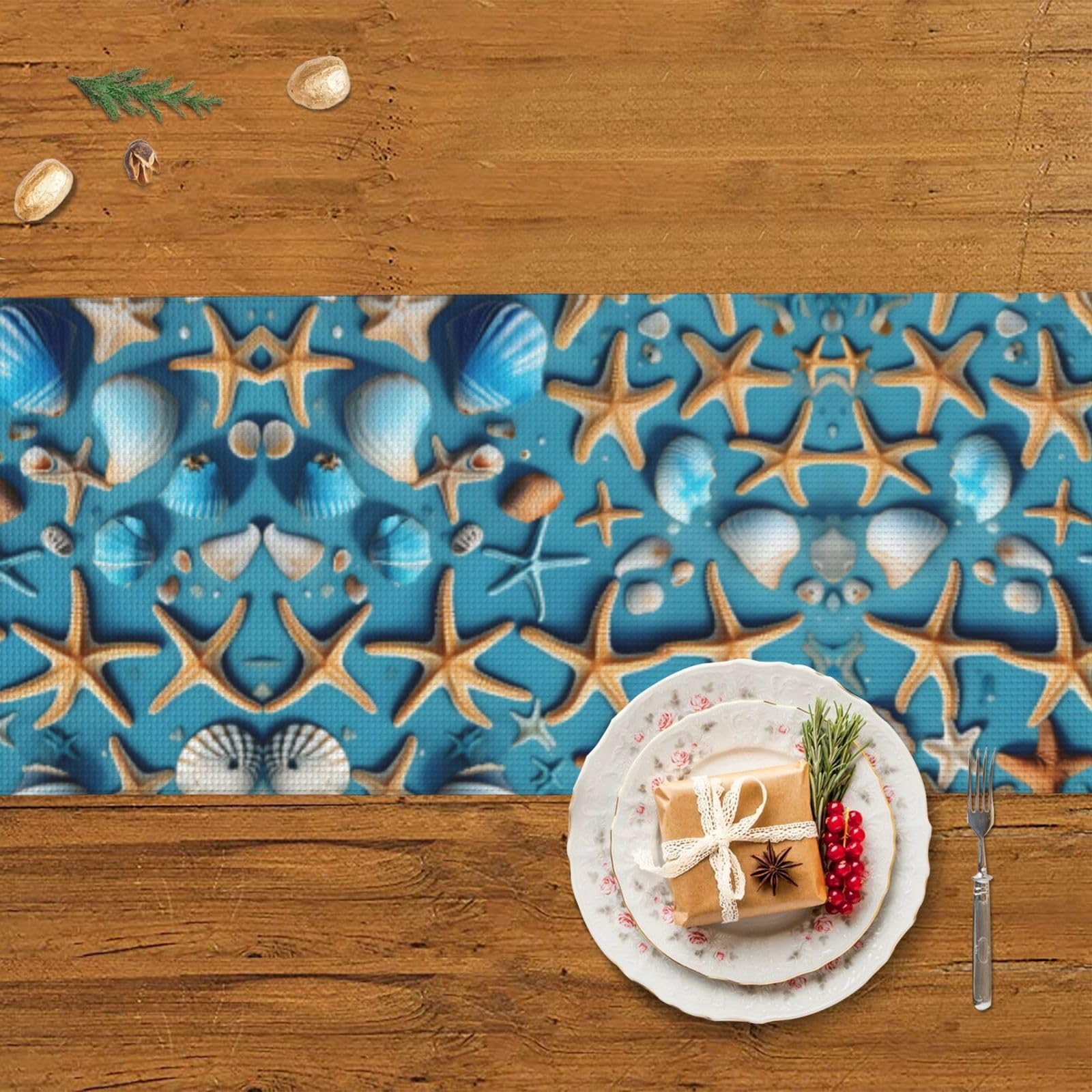 Chemin De Table Océan Bleu Coquillages Corail 40x140cm - Décoration Été Plage Lin Vintage Lavable