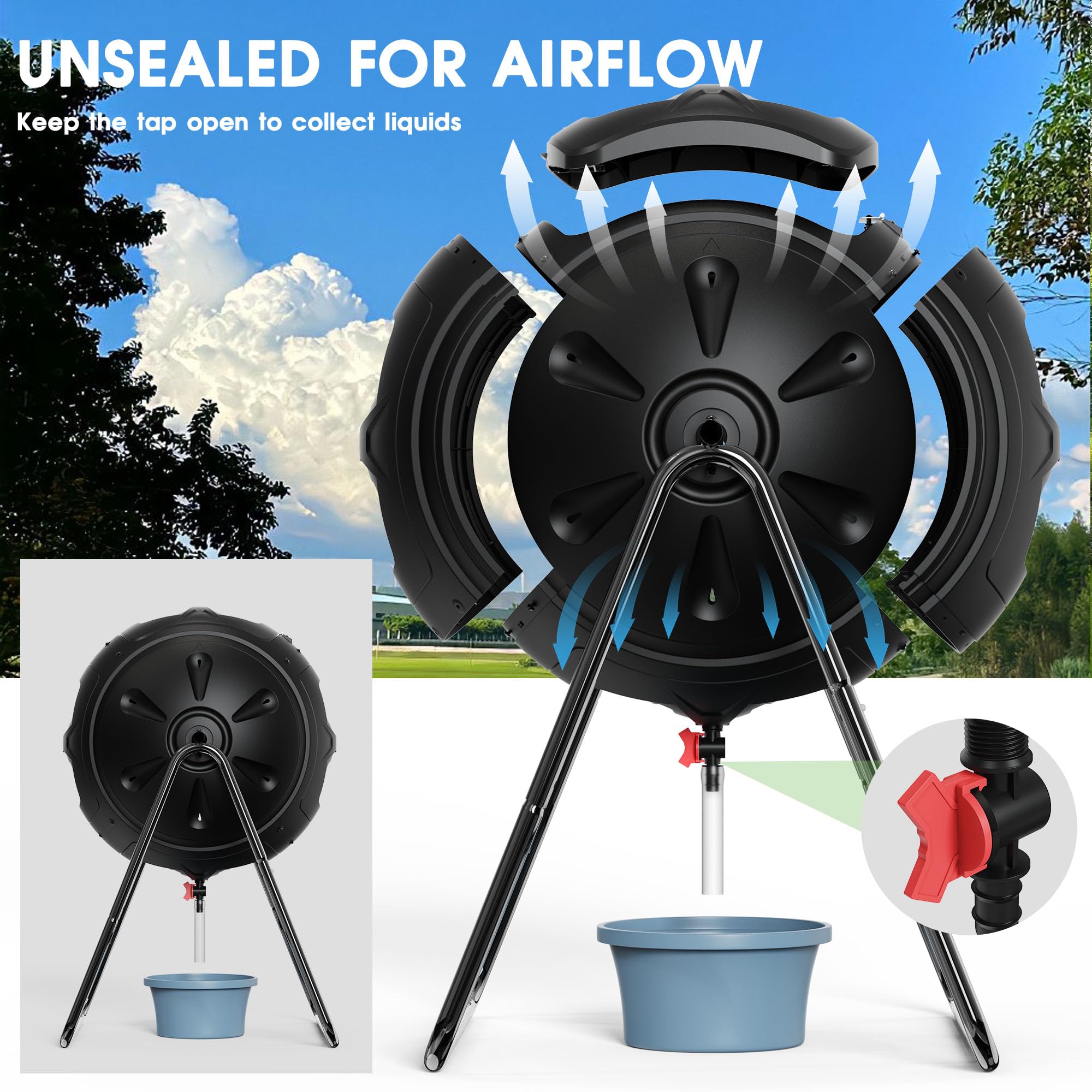 Compostiera multifunzione da giardino, resistente e a funzionamento rapido, con tappi di scarico facili da usare per raccogliere liquidi, blu