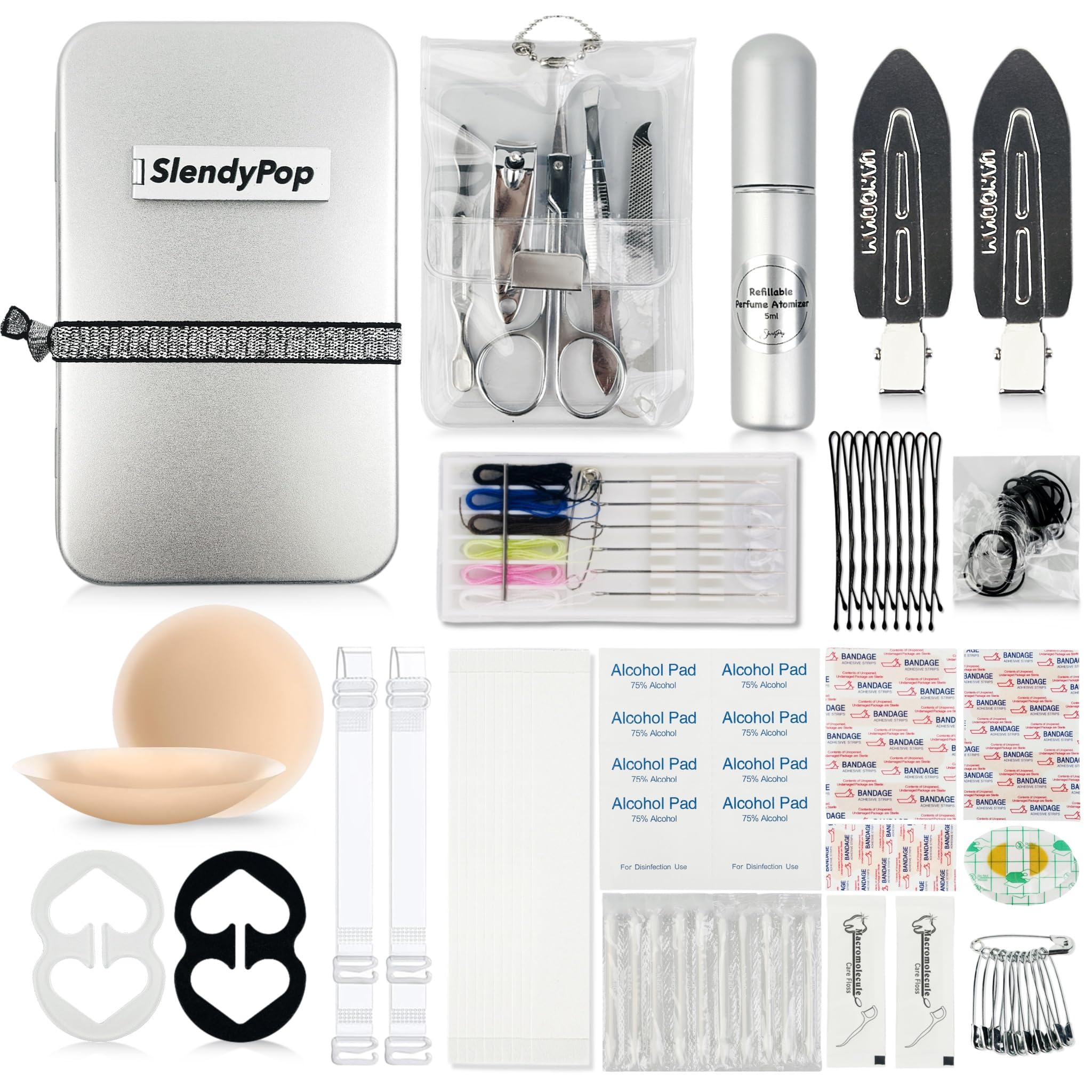 Women's Emergency Kit For Styling,Wedding Day Essentials Kit,Purse kit for Travel, Car, 27 Piece Include Nipple Cover, Fahsion Tape, Manicure Kit Platinum Silver