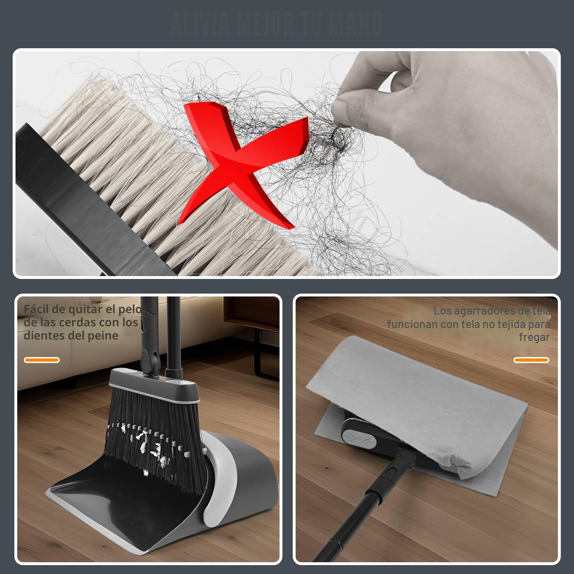 JEHONN Escoba Alta y Recogedor Plegable, Cepillo Barrer Mango Largo, Juego Giratorio 180° Cabeza para Barrido de Casa (Negro Gris)
