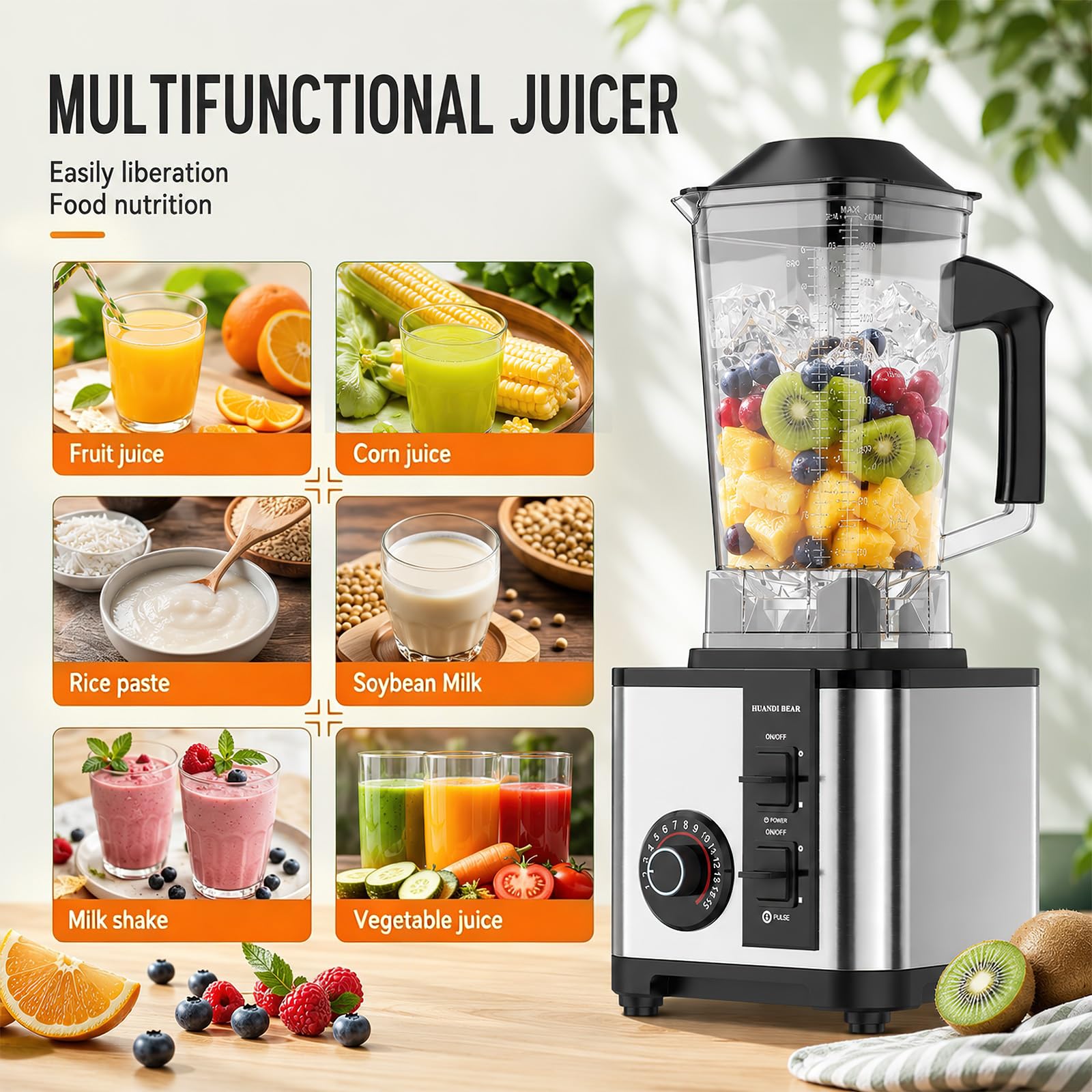 Frullatore multifunzione, frullatore per succhi e frullati 2 in 1, 15 velocità, 2 caraffe (2,5 l + 0,5 l), lame in acciaio inox, trita rapidamente ghiaccio e frutta congelata (2 in 1 B)