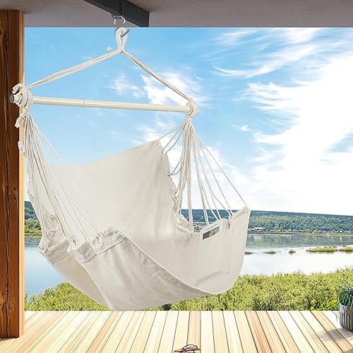 Miniatura 5 de HBlife Silla hamaca de máximo 350 libras silla colgante de gran tamaño con barra de metal portátil de cuerda de algodón hamaca columpio para