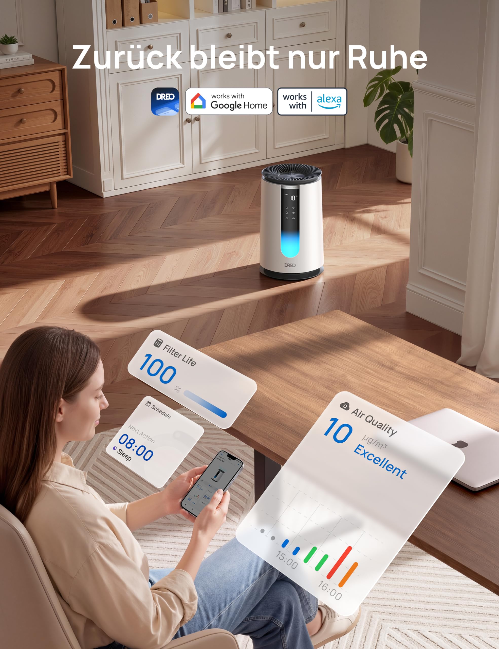 DREO-Luftreiniger für Schlafzimmer 195 m³/h CADR, Luftreiniger 338S,3-in-1-HEPA-Filter, 4 Modi, 4 Geschwindigkeiten, 18 dB,AQl-Display, PM2,5-Sensor, Auto-Modus, Aromakissen,WLAN/Sprachsteuerung/Alexa