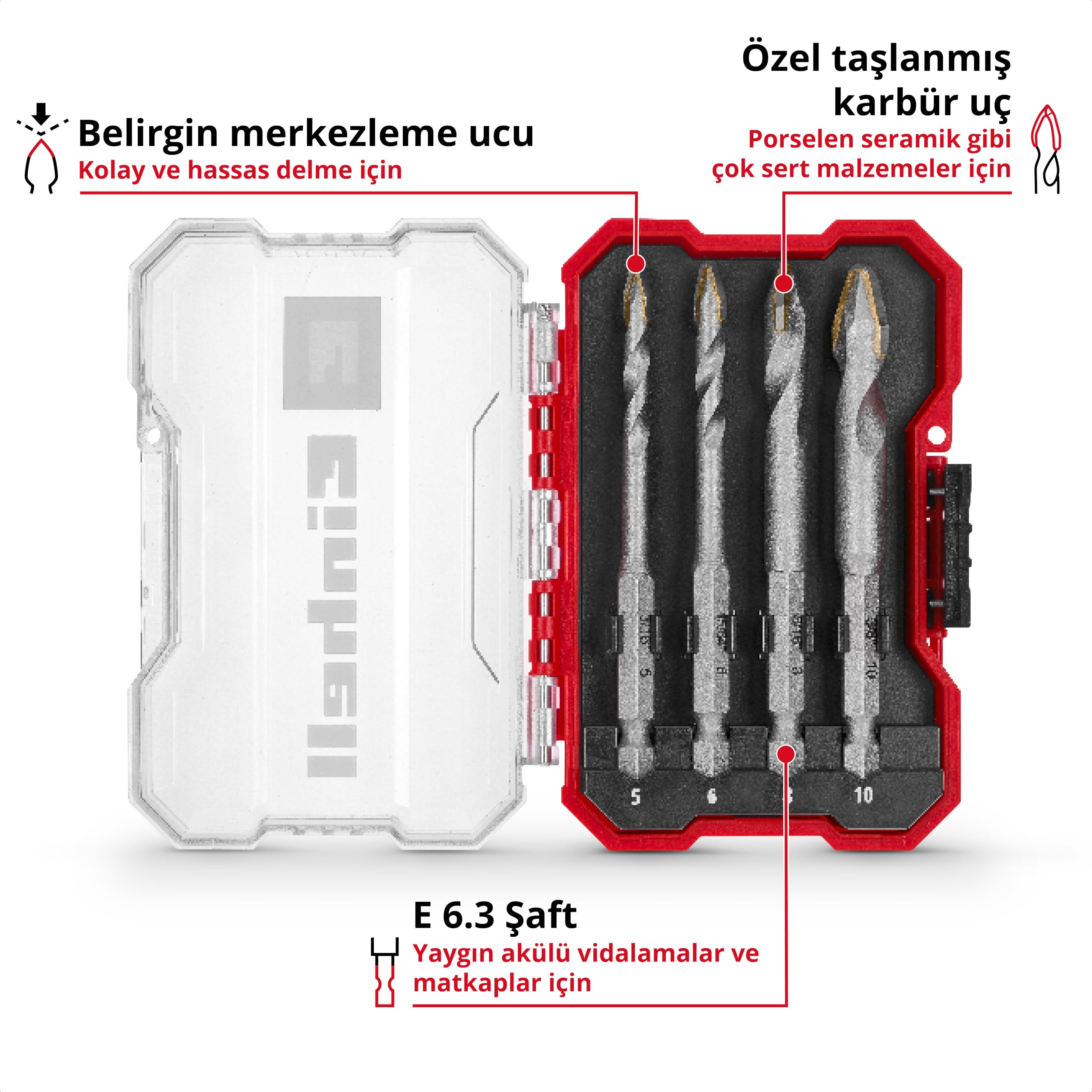 Orijinal Einhell XS-CASE 4 Parça Karbür Fayans Matkap Ucu Seti (Takım Çeliğinden Üretilmiştir, Özel Taşlanmış Karbür Plaka, Merkezleme Ucu, E 6.3 Sap, Saklama Kutusu Dahil) - 49051404