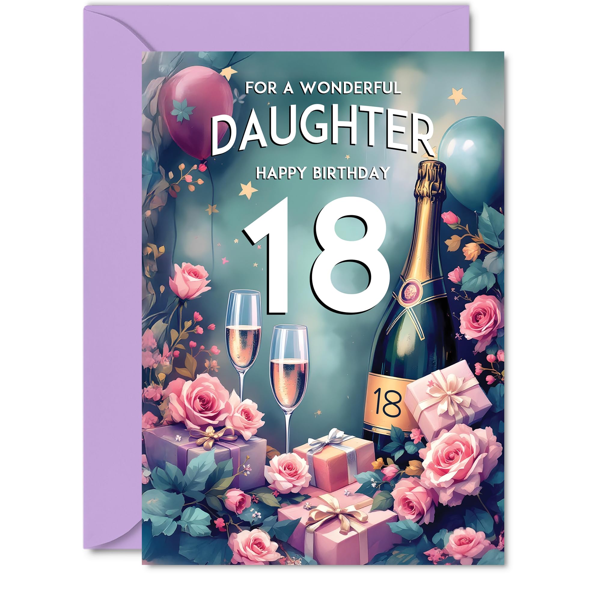 18th Birthday Card Daughter, Pink Presents Champagne Bottle