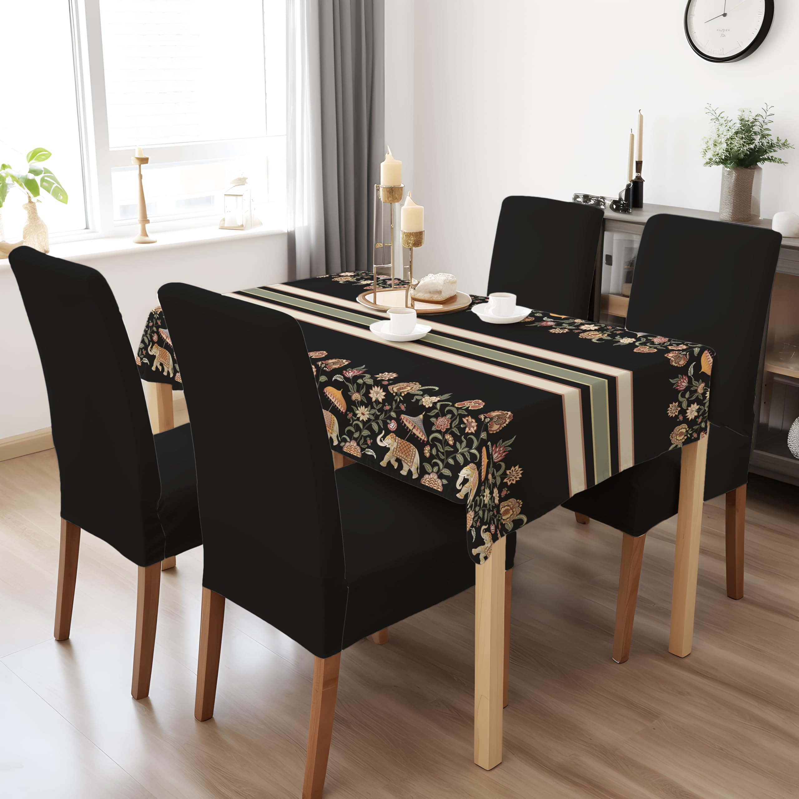 Decorian Polycotton Printed Dining Table Cloth with Dining Chair Covers,Slipcovers (Black Elephant, 4 Seater Table Cover + 4 Chair Cover)-image-14