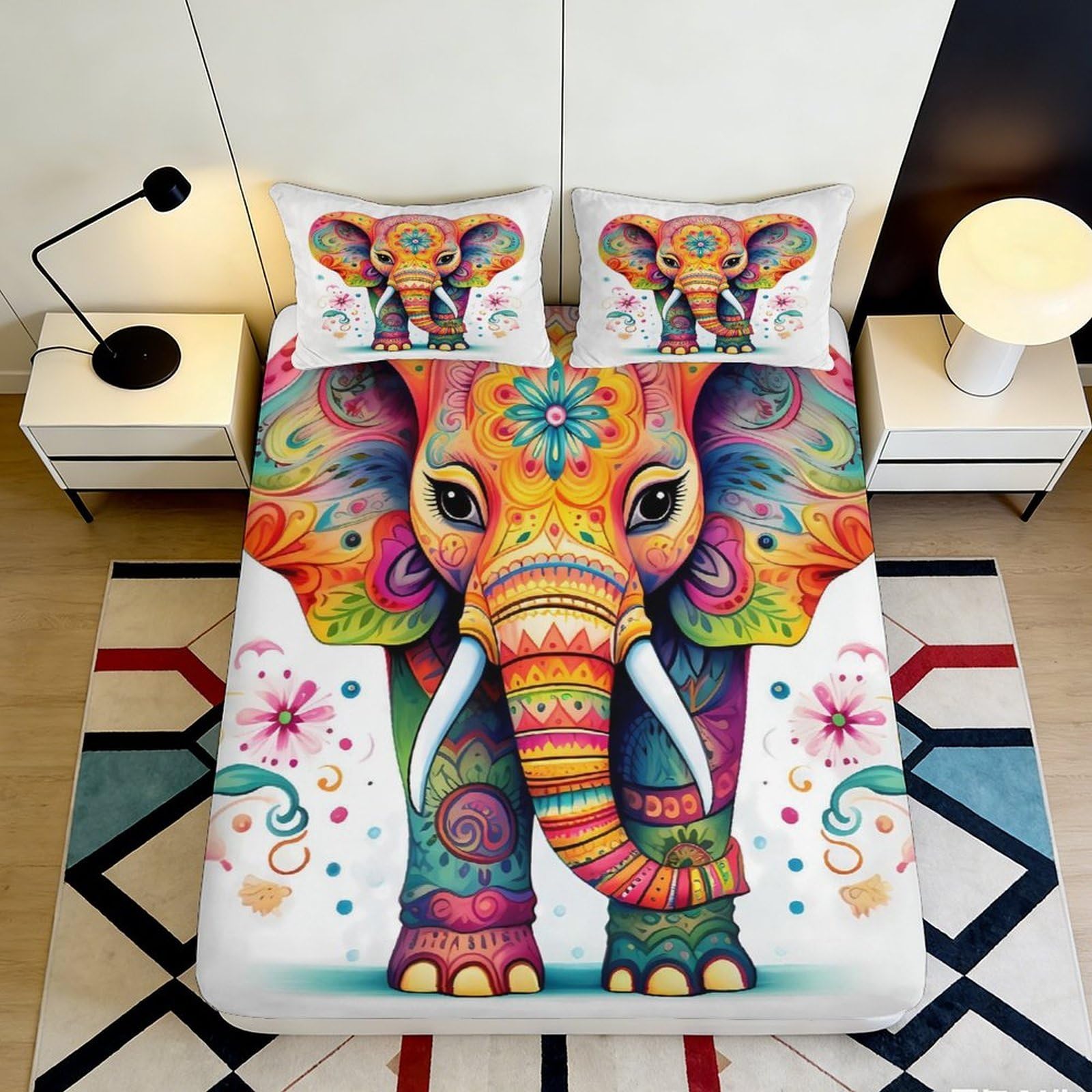 3D Printed Colorful Elephant Fitted Sheet Microfiber Soft Breathable Artistic Bed Cover for Bedroom Dormitory Guest Room Mattress Protection 200x200x25cm