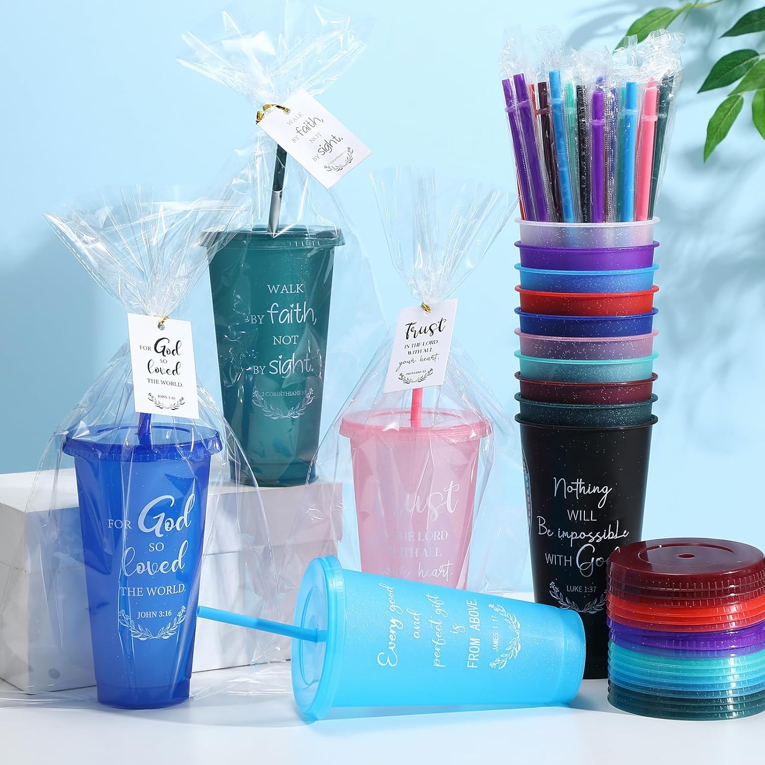 Skylety 60 Sets Valentine Christian Cups Bulk 24oz Bible Verse Plastic Tumbler with Lids Straws Religious Church Gift for Easter VBS Sunday School Party Employee Appreciation Mother (Stylish Color) - Image 3