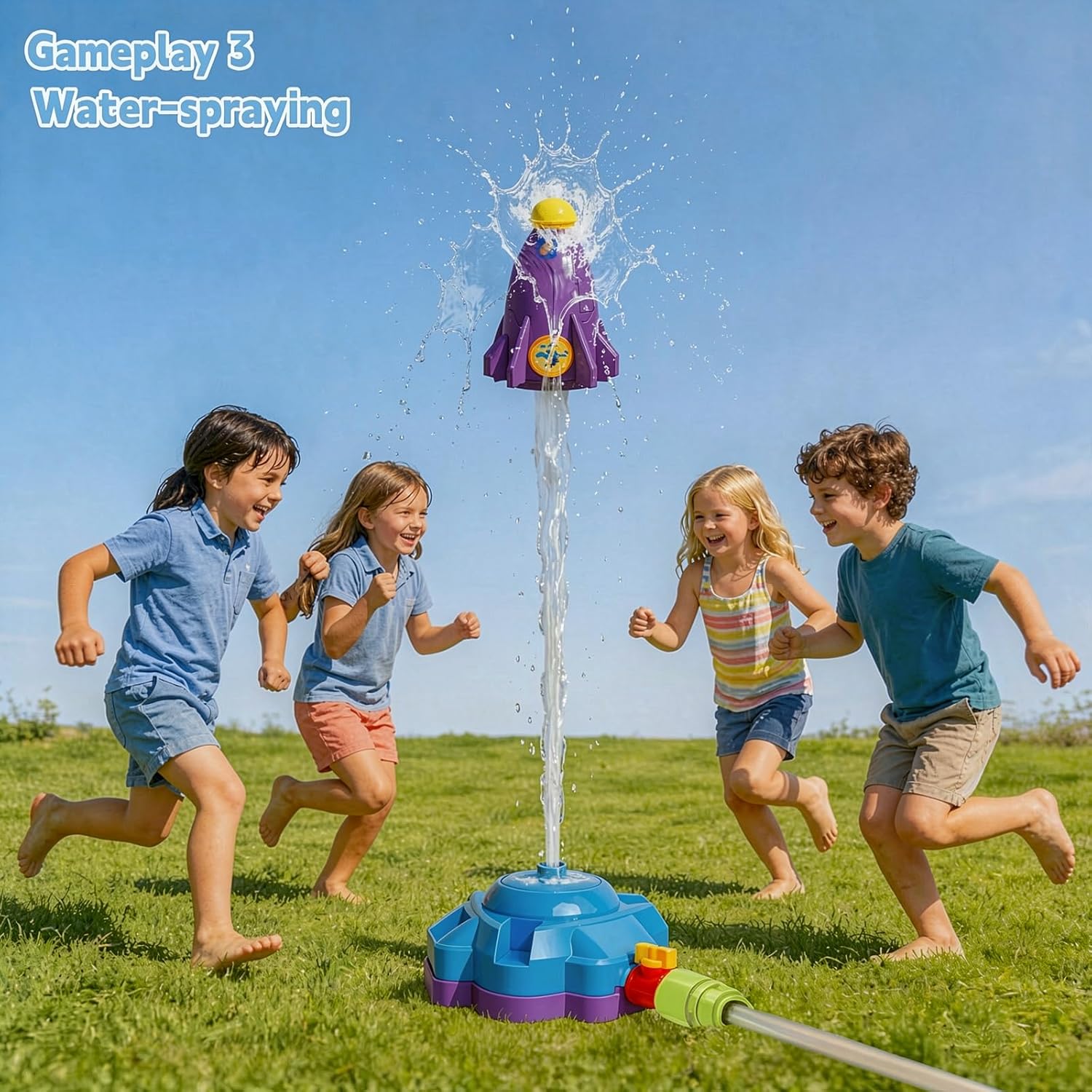 4-in-1 Water Sprinkler for Kids, Water Sprinkler Baseball Toy, Rocket Sprinklers, Rocket Launch Game, 360°Rotating Sprinklers Outdoor Summer Toys for Boys Girls
