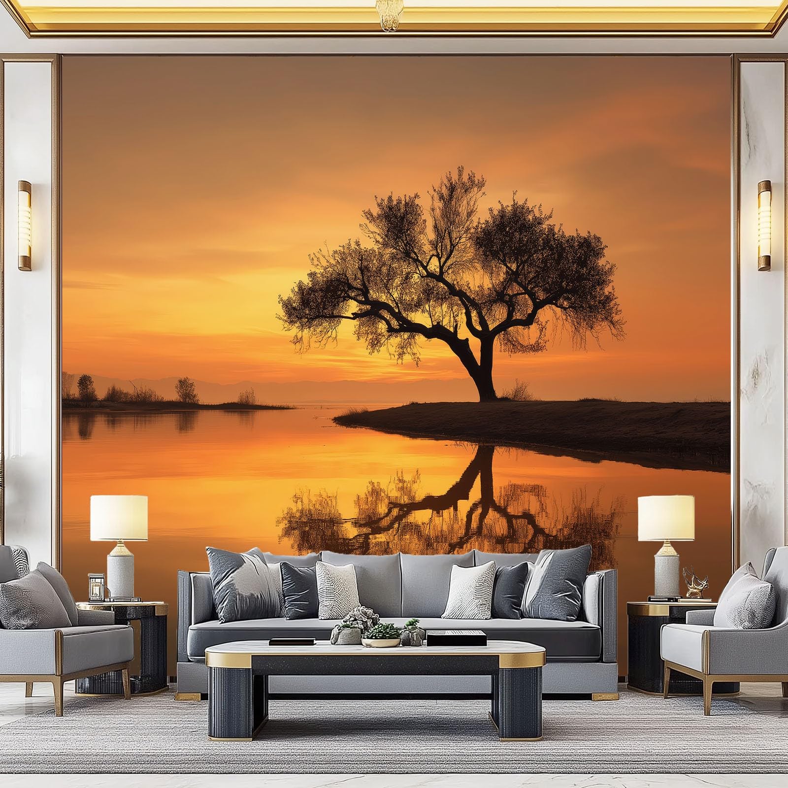 Fototapeta natura tapeta ścienna plakat pomarańczowy drzewa jezioro zdjęcie do sypialni salonu TV ściana 300 x 210 cm