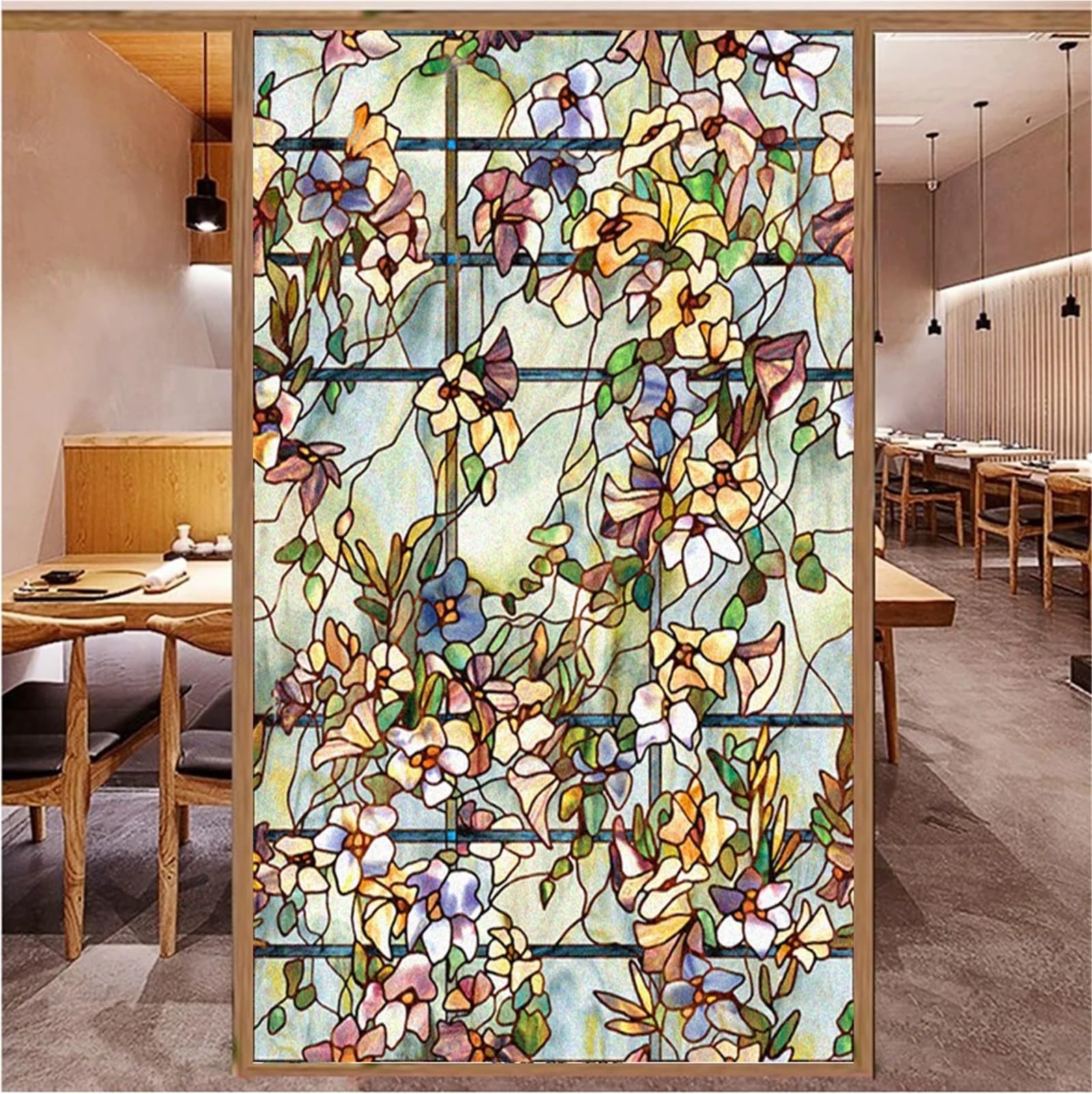 Fensterfolie Retro-Blumen-Fensterfolie, elektrostatischer Aufkleber, farbiges Glas, klebstofffrei, UV-beständig, hitzebeständig, Türaufkleber(90x150cm)