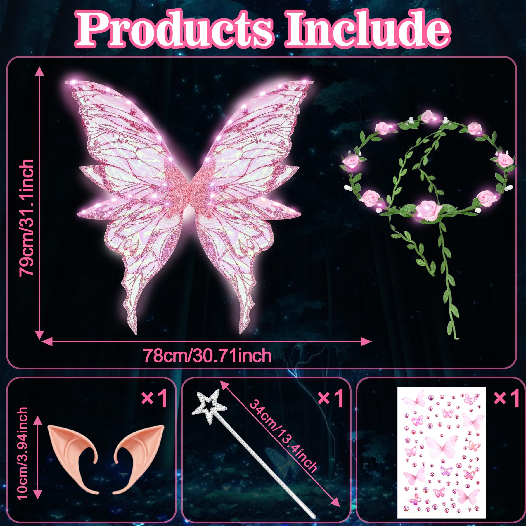 YeahBoom Fairy Wings LED Luminous with Elf Ears LED Fairy Headband and Star Wands Butterfly Wings Costume for Carnival Party - Image 2