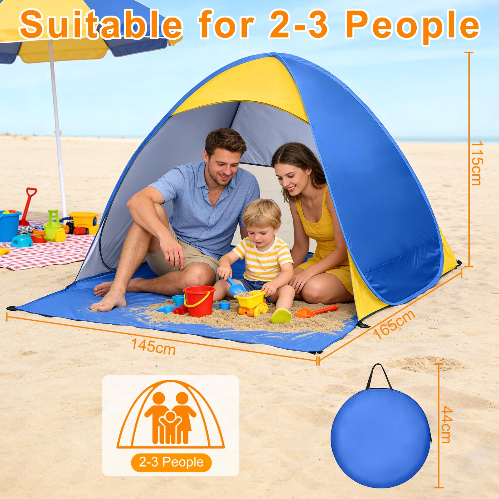 Tenda da Spiaggia Pop Up con Protezione UV 50+, Tenda Ombreggiante Leggera Antivento e Antisabbia per 2-3 Persone, Ideale per Vacanze in Famiglia, Pieghevole con Custodia da Trasporto - Blu