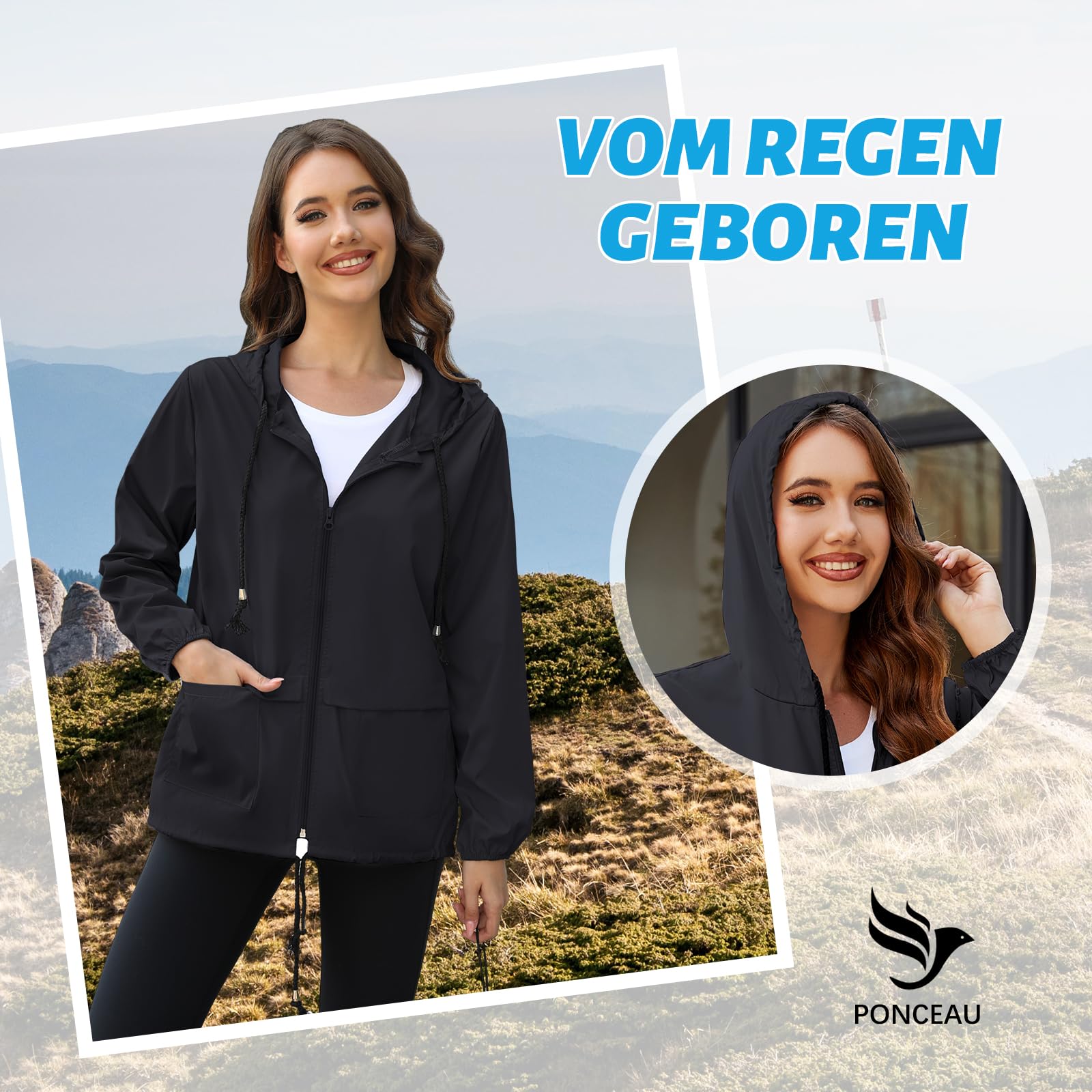 PONCEAU Damen Regenjacke Wasserdicht Faltbar Regenjacke Softshelljacke Ultraleichte Fahrradjacke Windbreaker