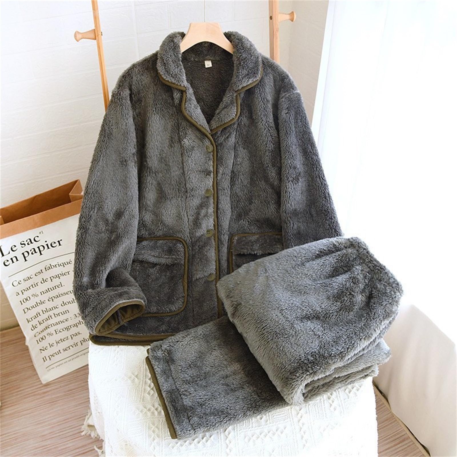 Conjunto de pijama largo para hombre, forro polar, franela suave, monocolor, cómodo, básico, ropa de dormir de dos piezas y pantalones de dormir