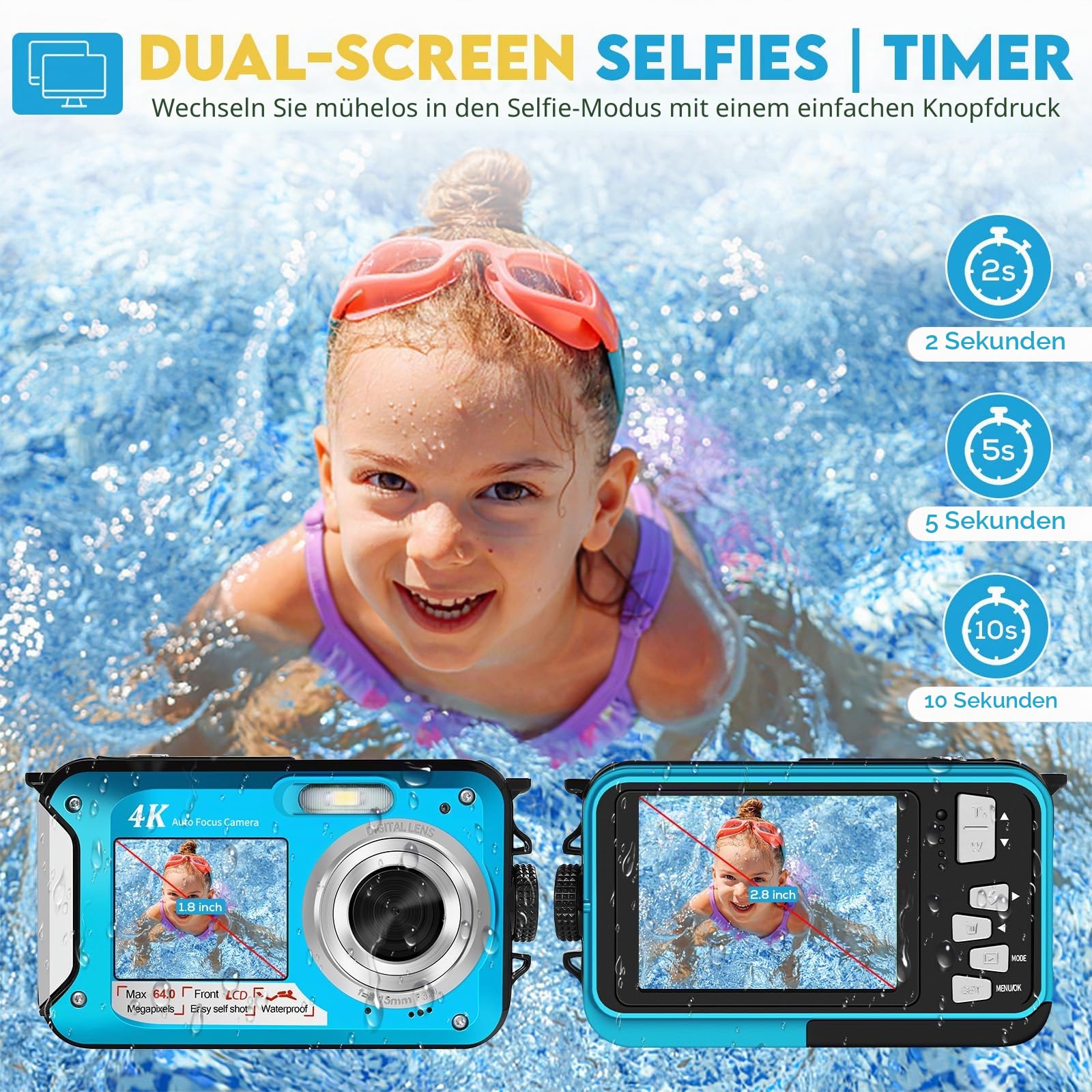 64MP Unterwasserkamera mit 64GB Speicherkarte, 4K unterwasser kamera mit Autofokus & Dual-Selfie-Bildschirmen, 5 Meter kamera wasserdicht, digitalkamera wasserdichte für Kinder & Schnorcheln (2 Akkus)