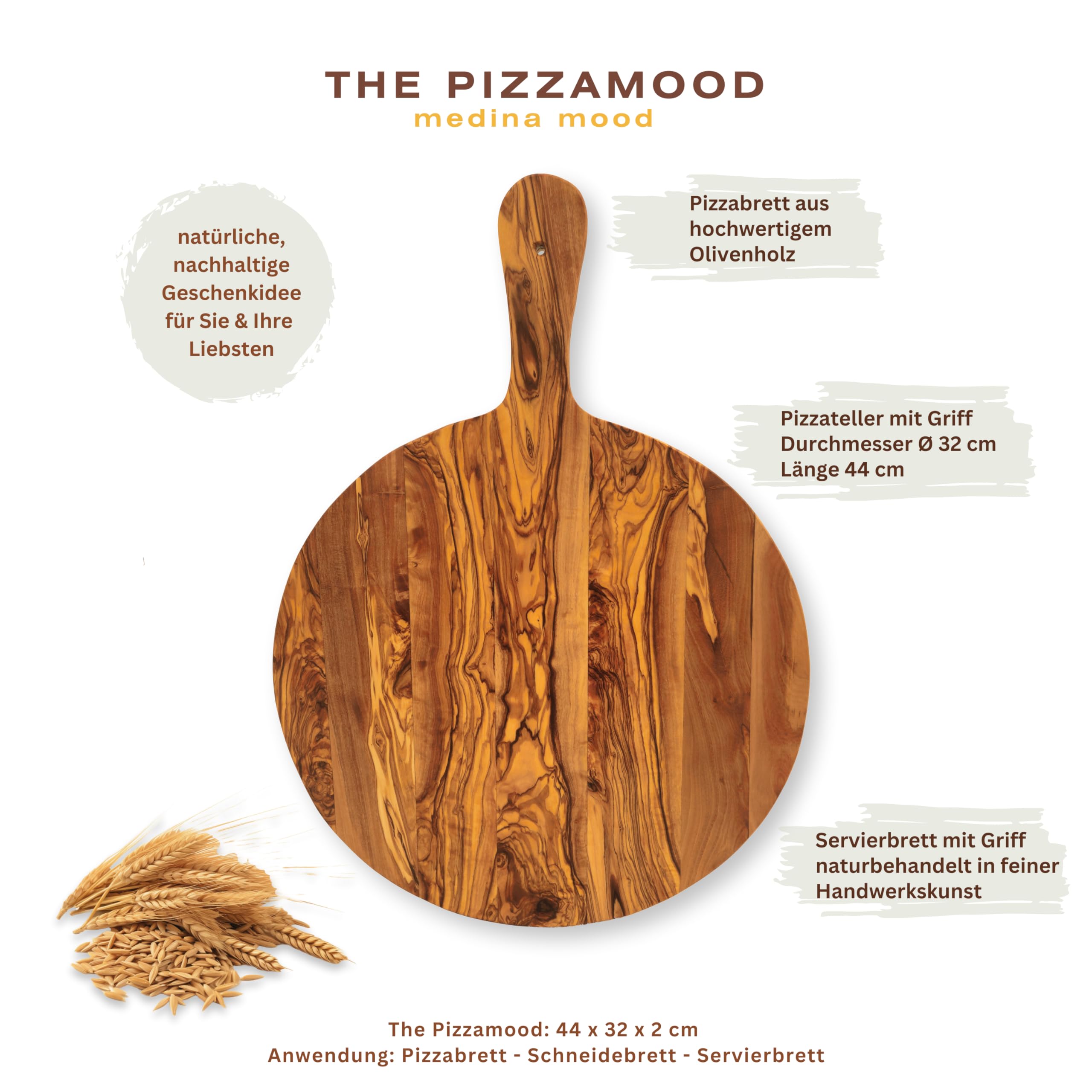 Wysokiej jakości deska do serwowania z uchwytem "The Pizzamood" – z ręcznie wykonanego drewna oliwkowego, średnica Ø 32 cm, długość 44 cm, talerz do pizzy, deska do pizzy