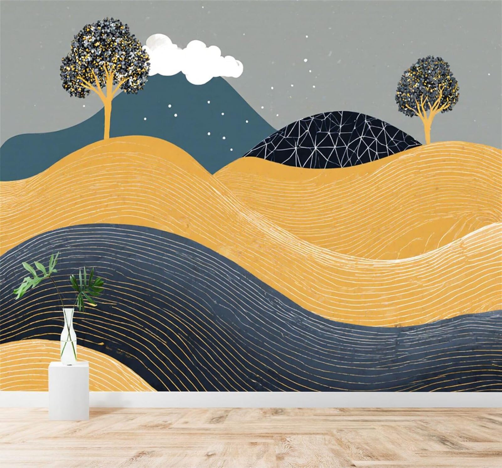 XLMING Abstract Golden Hills Trees White Clouds Landscape Art 3D Wallpaper Silky Texture Home Study Office Grey Dining Room Sofa Bedroom Living Room TV Backdrop-350cm×256cm
