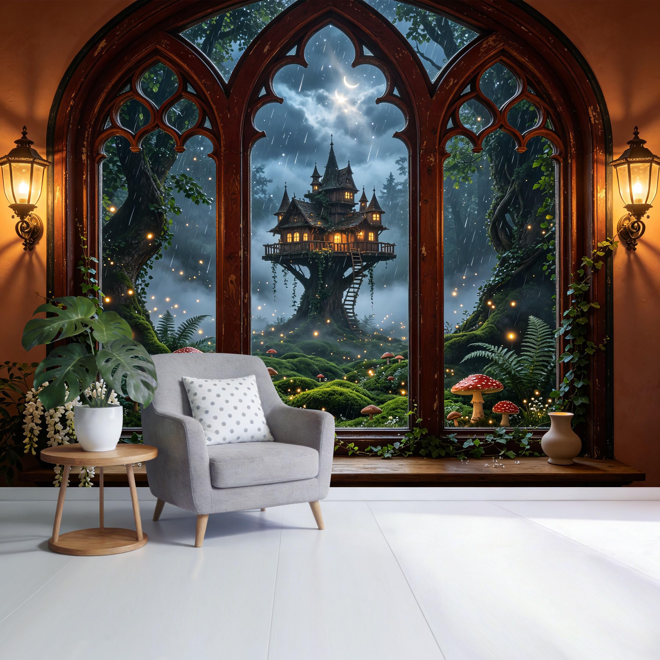 Custom Size Wall Mural Enchanted Treehouse Forest Landscape 3D Trompe L'Oeil Removable Self Adhesive Fabric， Home Wall Decor for Living Room Bedroom Bathroom