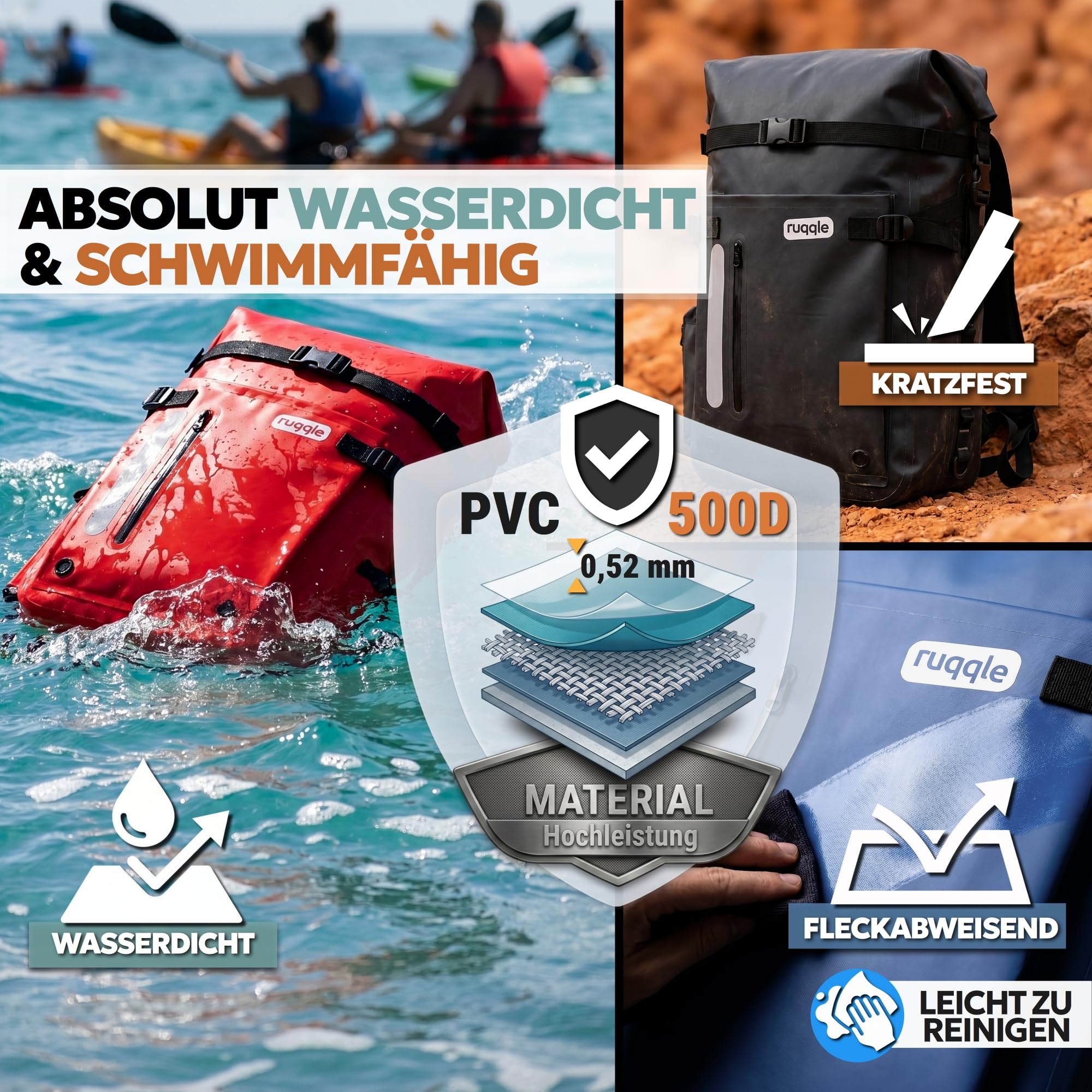 Ruqqle Wasserdichter Rucksack, vielseitig, wasserdicht Tasche, Dry Bag 20/30/45 l, mit 3 Außentaschen, komfortabel, RollTop, Strand, Boot, Kanu, Paddel, Kajak, Wandern, Camping, Angeln, Motorrad