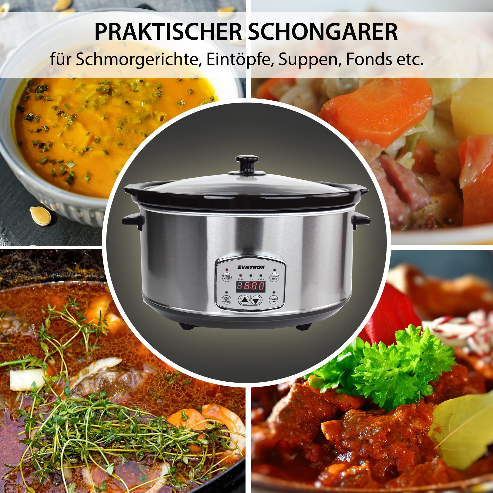 Syntrox Germany Schongarer mit 6,5L Slow Cooker mit 3 Heizstufen und Warmhaltefunktion und 320 Watt