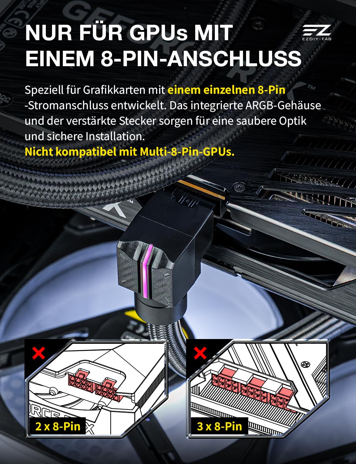 EZDIY-FAB UNIFAS ARGB 8-Pin PCIe-GPU-Verlängerungskabel, 16AWG, 90-Grad-Rechtwinkelstecker, 5V 3-Pin RGB-Synchronisation, Einheitliches Kabeldesign, nur Einzelner 8Pin-Stecker, Schwarz-STD
