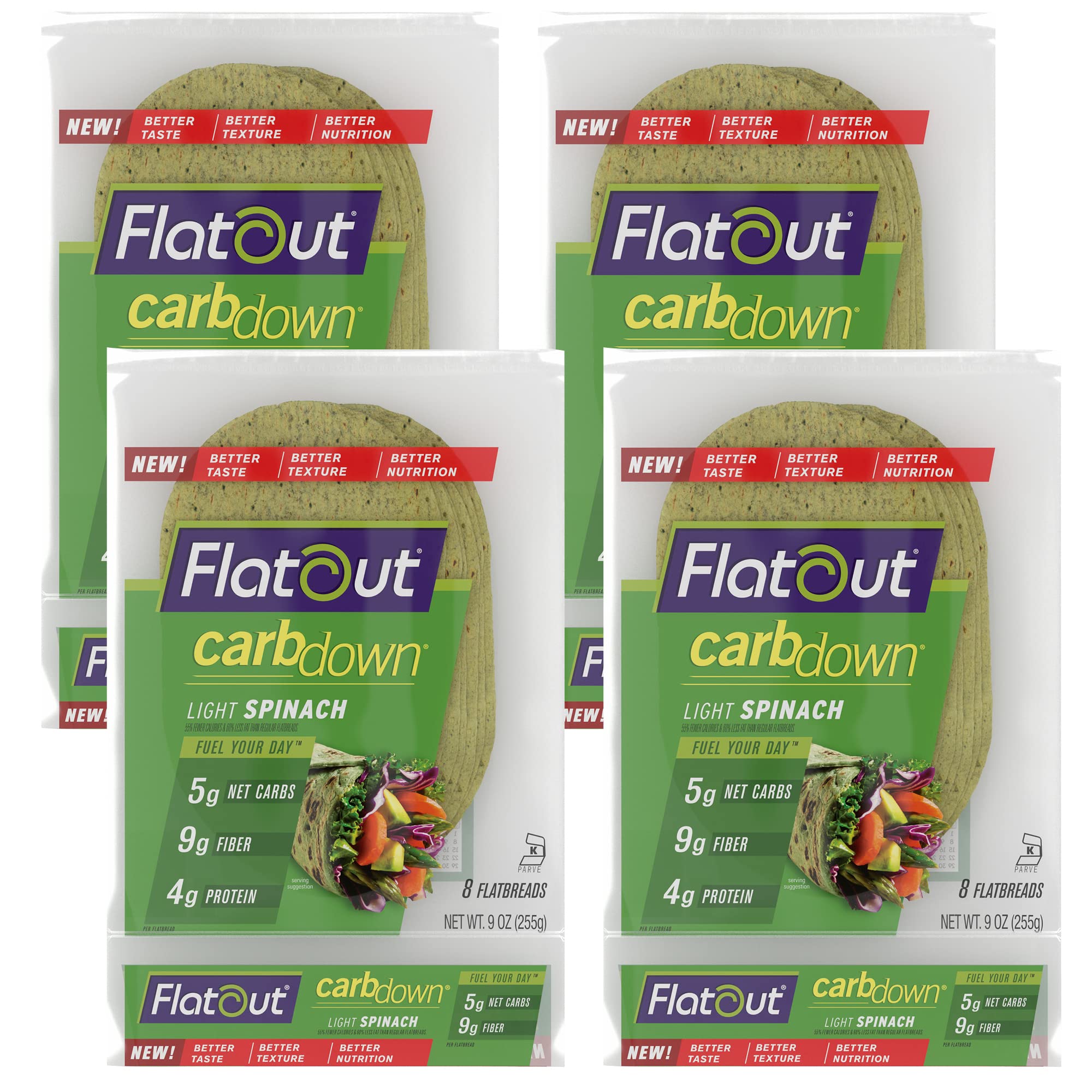 Flatout Flatbread, CarbDown Light Spinach Wraps, Perfect for Use as Sandwich Bread, Pizza Crust, Tortillas, Wraps and More, 8 Flatbreads, 4 Pack