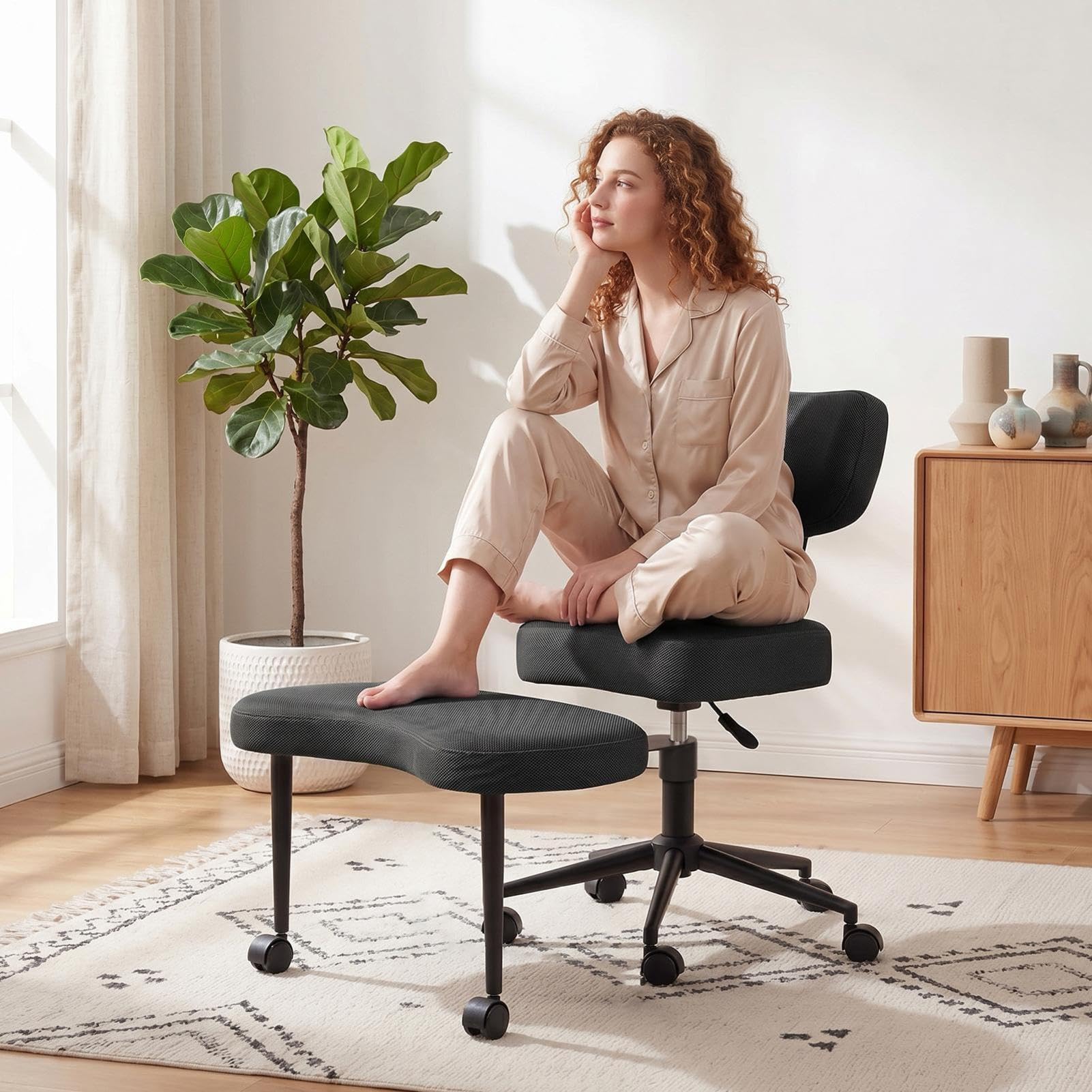 Meditationsstuhl, Crosses Legged Chair with Wheels, Yogastuhl ADHD Stuhl Mit Lendenwirbelstütze Und Verstellbarem Neigungswinkel, 47–59cm Einstellbare Höhe for Home and Offices