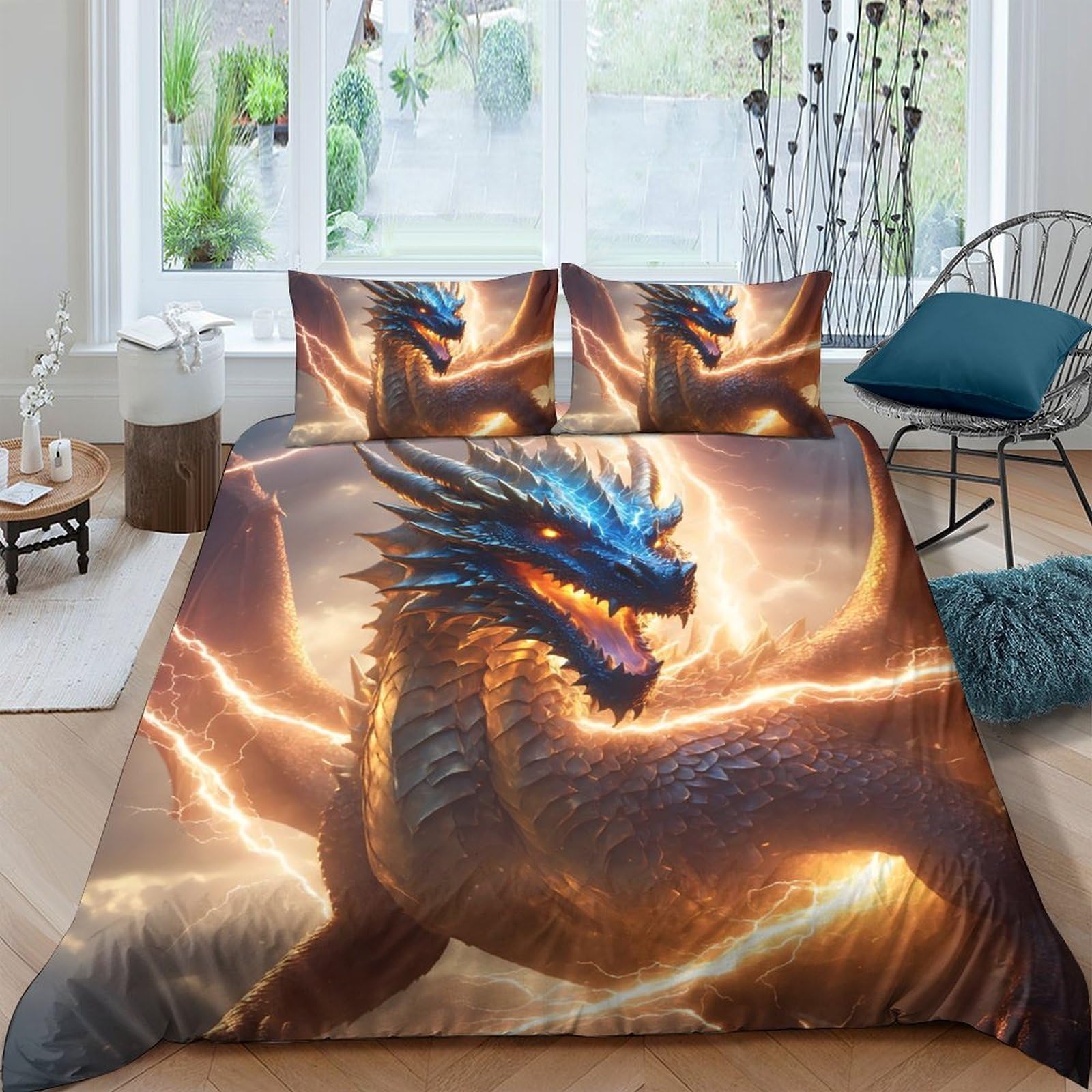 GPLZQXKJNH 3D Printed Lightning Dragon Duvet Cover Set Microfiber Soft Breathable Fire Dragon Bedding Set with 2 Pillowcases for Bedroom Decor Single（135x200cm）