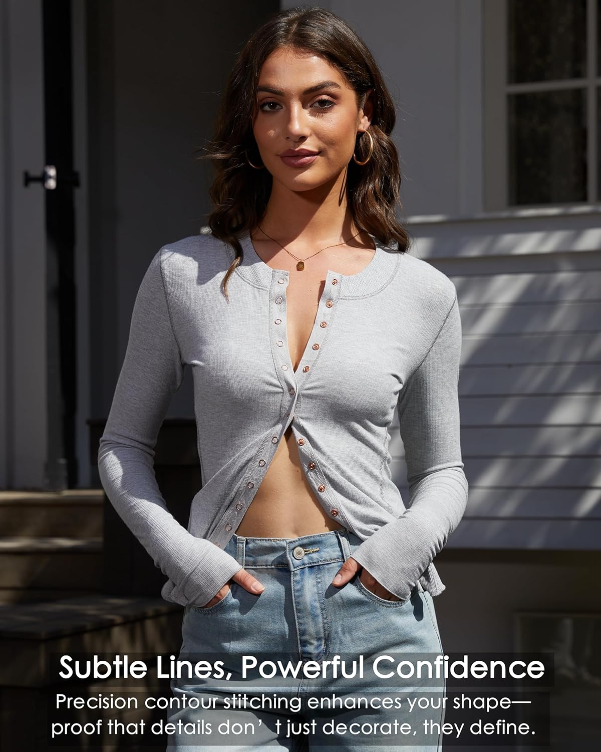 Cardigan For Women Lightweight Snap Button Down Shirts Ribbed Knit Long Sleeve Tops Crewneck Slim Fit Y2K Going Out Tops - Image 2