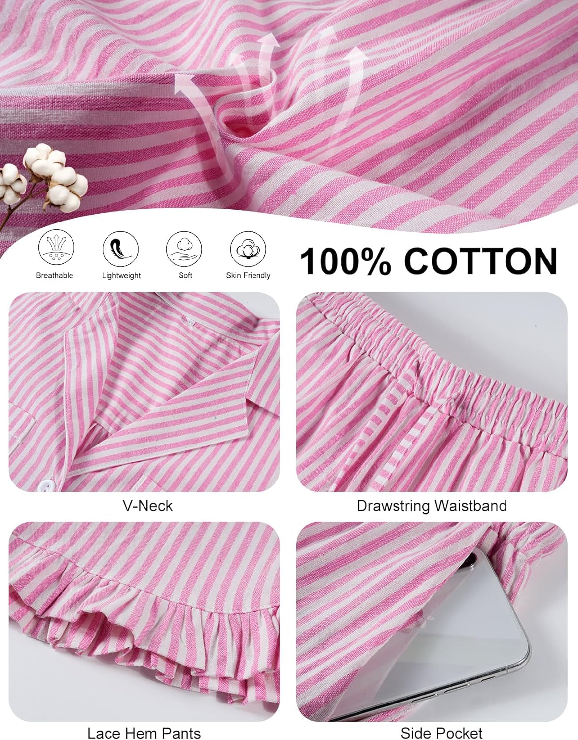 Womens Cotton Pajama Sets Long Sleeve Button Down Striped 2 Piece Pjs Ruffle Sleepwear with Long Pants Lounge Set - Image 6