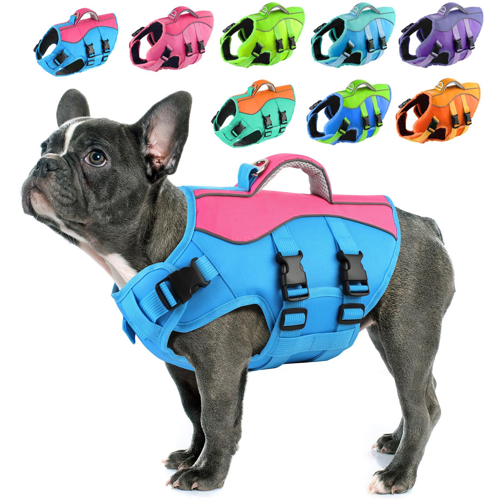 PETDSH Dog Life Jacket, Dog Life Vest for Swimming Boating, Dog Swim Vest with Rescue Handle, Dog Lifejacket for Small Medium Large Dogs (Blue & Pink, Medium (Chest Girth:16.1-24.8''))