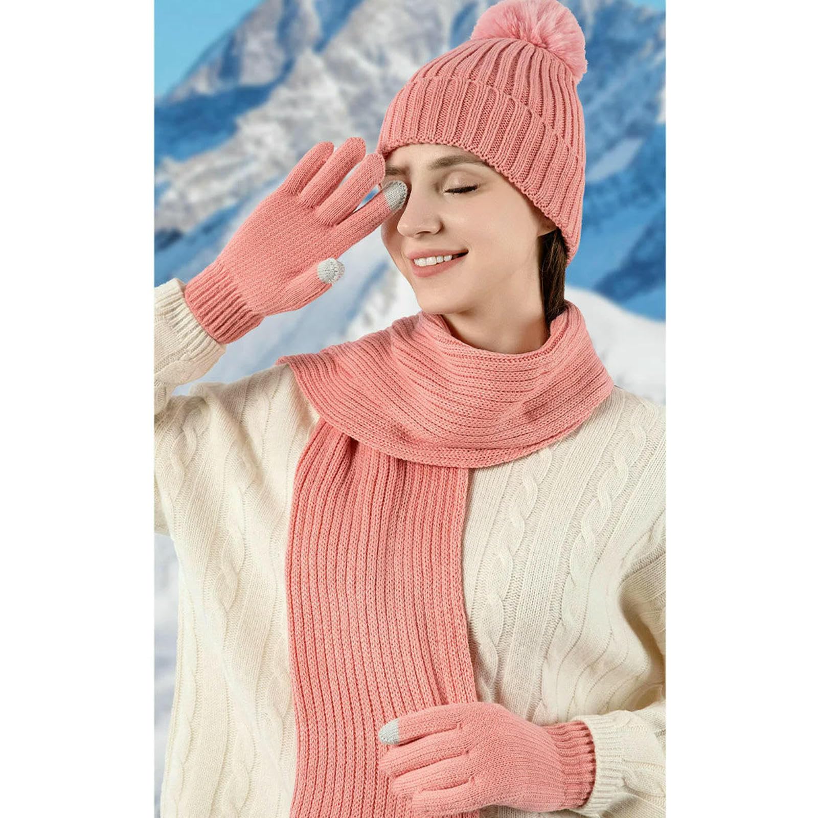 Mütze,Schal & Handschuh-Sets Dreiteiliges Set Aus Einfarbiger Strickmütze, Schal Und Handschuhen Für Damen Herren, Warm Den Winter, Wollanzug-x