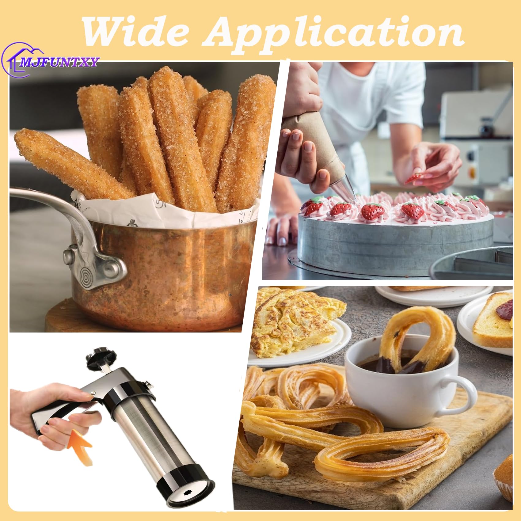 Kit de machine à churro – Pistolet à churro en acier inoxydable avec 8 douilles à douille, 16 disques, 1 brosse et poche à douille, presse à biscuits multifonction pour churros, beignets et