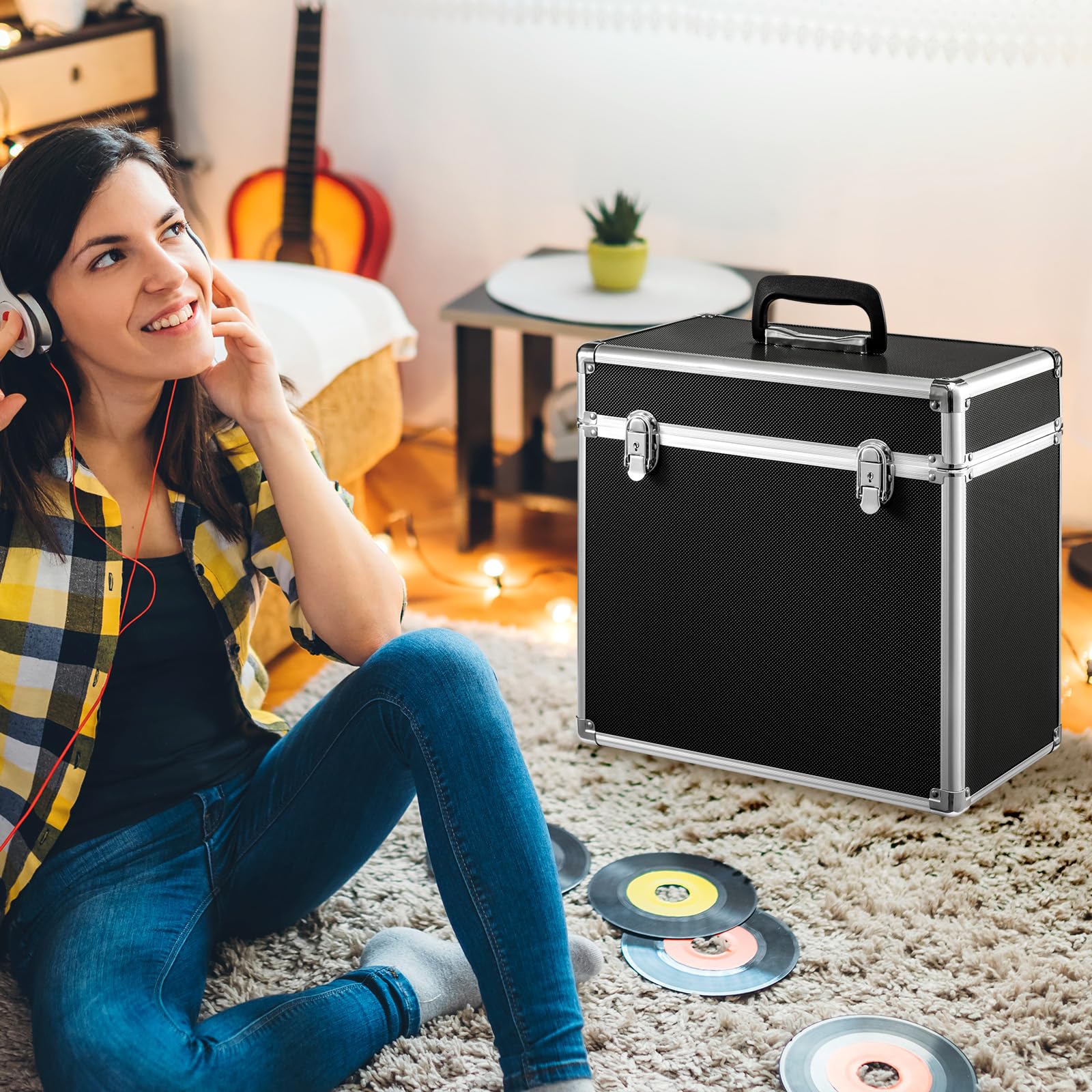 Trintion Schallplatten Aufbewahrung 50 LP Plattenkoffer Schallplattenkoffer Tragbarer Abschließbarer Vinyl Koffer für 12-Zoll Schallplatten Schutzbox mit Transportfunktion Record Case Schwarz