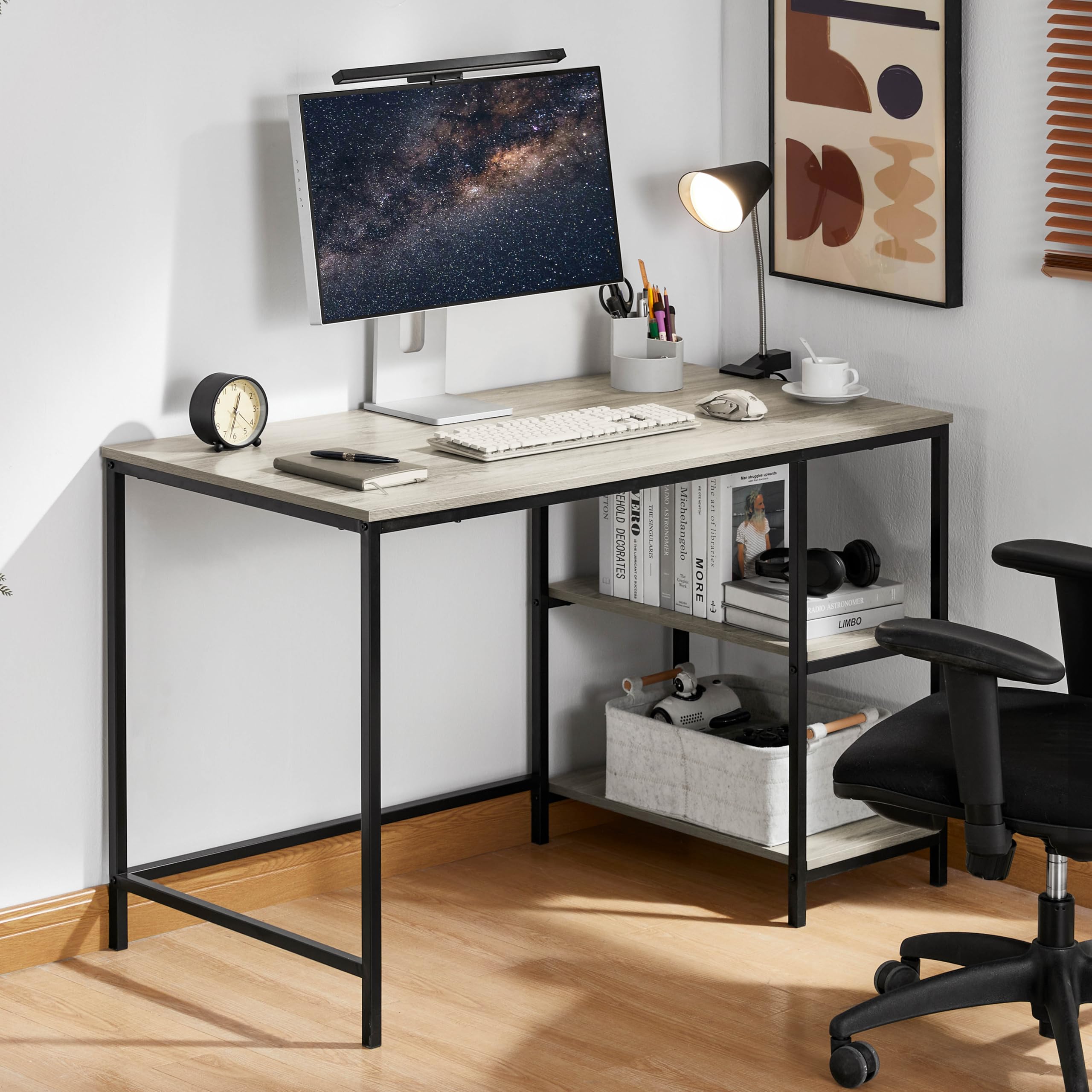 Vida Designs Brooklyn Desk 2 Shelves Computer PC Laptop Table Shelf Shelving Home Office Storage Industrial Furniture (Grey)