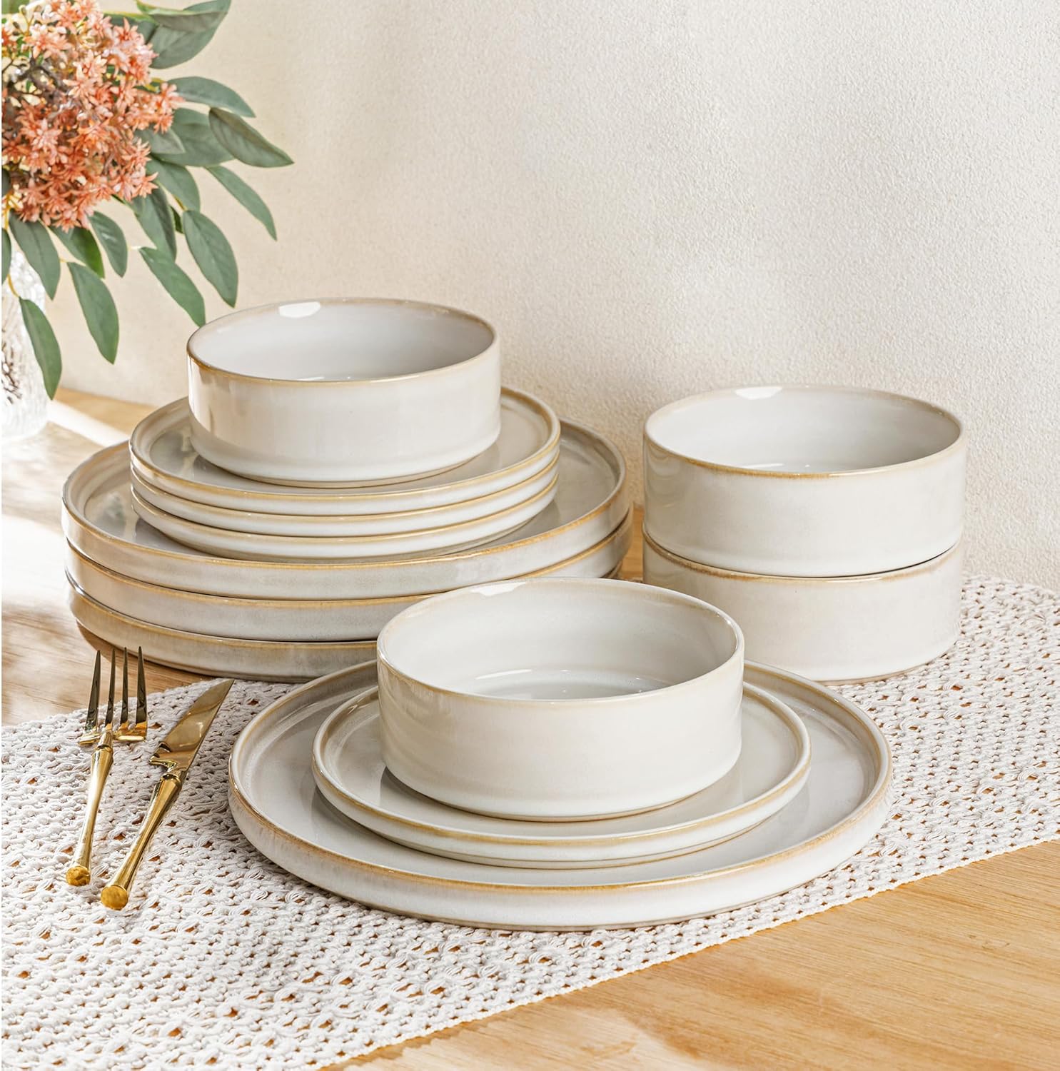 AmorArc Ceramic Dinnerware Sets, Handmade Reactive Glaze Stoneware Plates and Bowls Sets,Highly Chip and Crack Resistant | Dishwasher & Microwave Safe Dishes Set, Service for 4 (12pc)