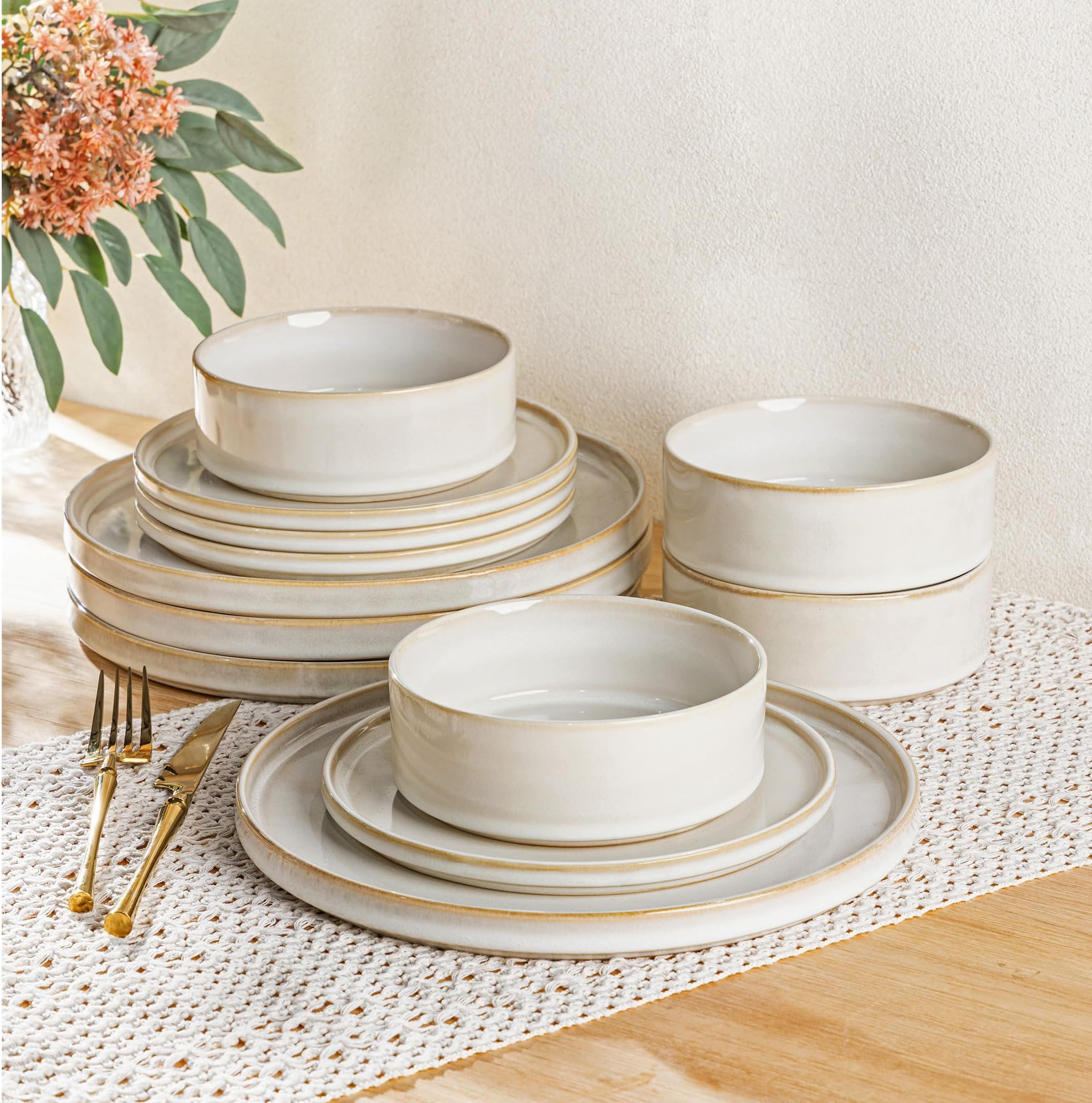 AmorArc Ceramic Dinnerware Sets, Handmade Reactive Glaze Stoneware Plates and Bowls Sets,Highly Chip and Crack Resistant | Dishwasher & Microwave Safe Dishes Set, Service for 4 (12pc)