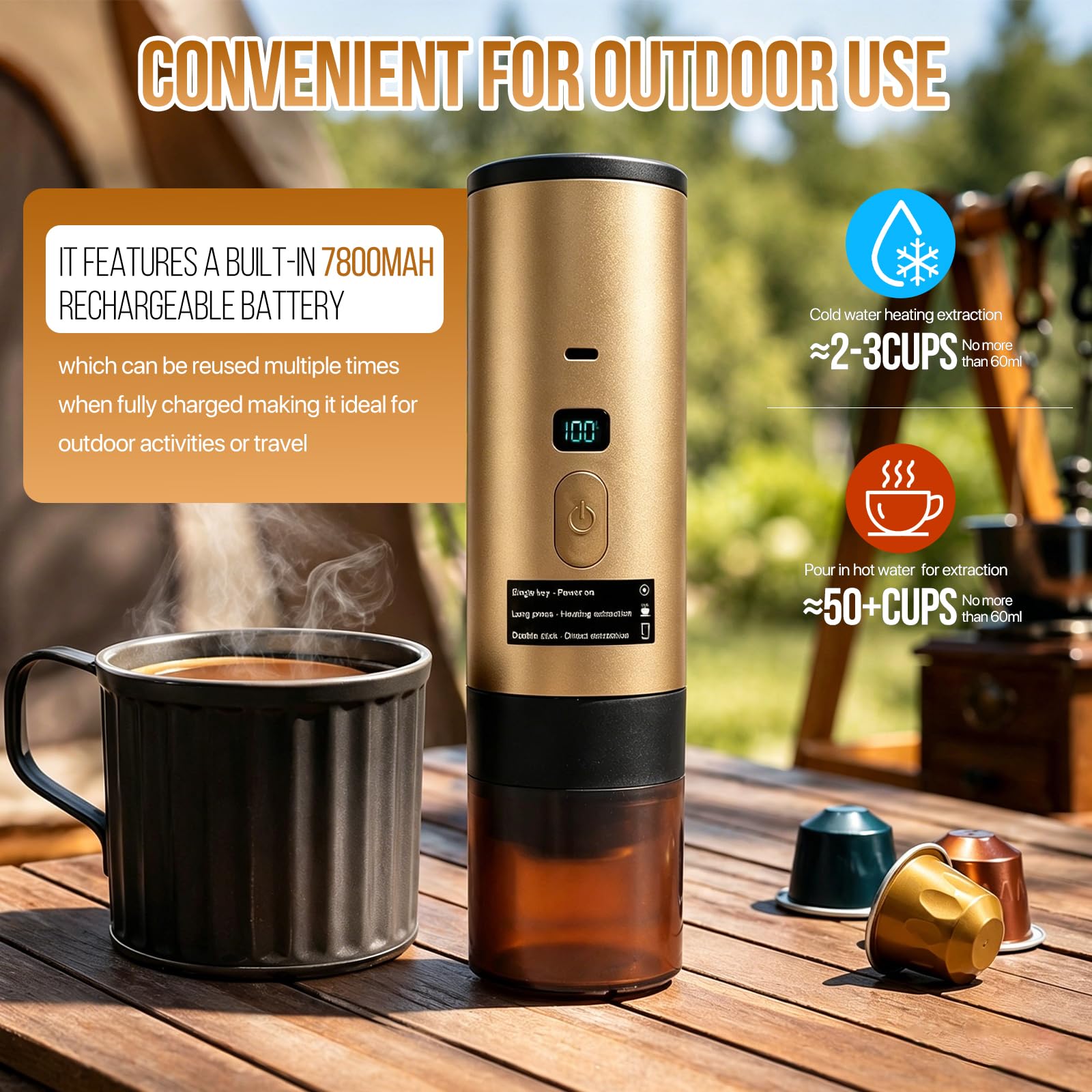 Machine à Café Portable, 3-en-1 Cafetière Nomade Chauffante Rapide, Sans Fil & Auto-Chauffante - Avec Batterie 7800mAh, Fonction de Charging USB-C, Compatible NS/DG/Café Moulu (Or)