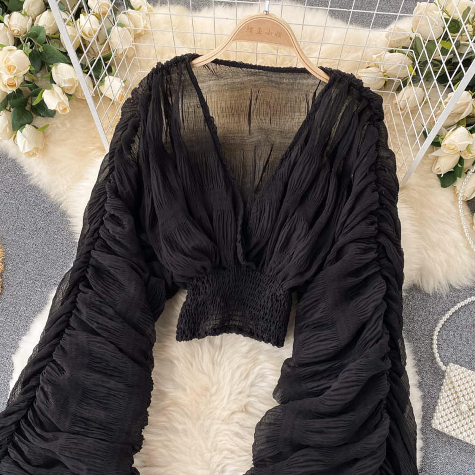 Top da donna in pizzo, a sbuffo, a maniche lunghe, con scollo a V, casual, sexy, con volant, a maniche lunghe, estivo, in pizzo, svasato, con bottoni, alla moda, top in chiffon