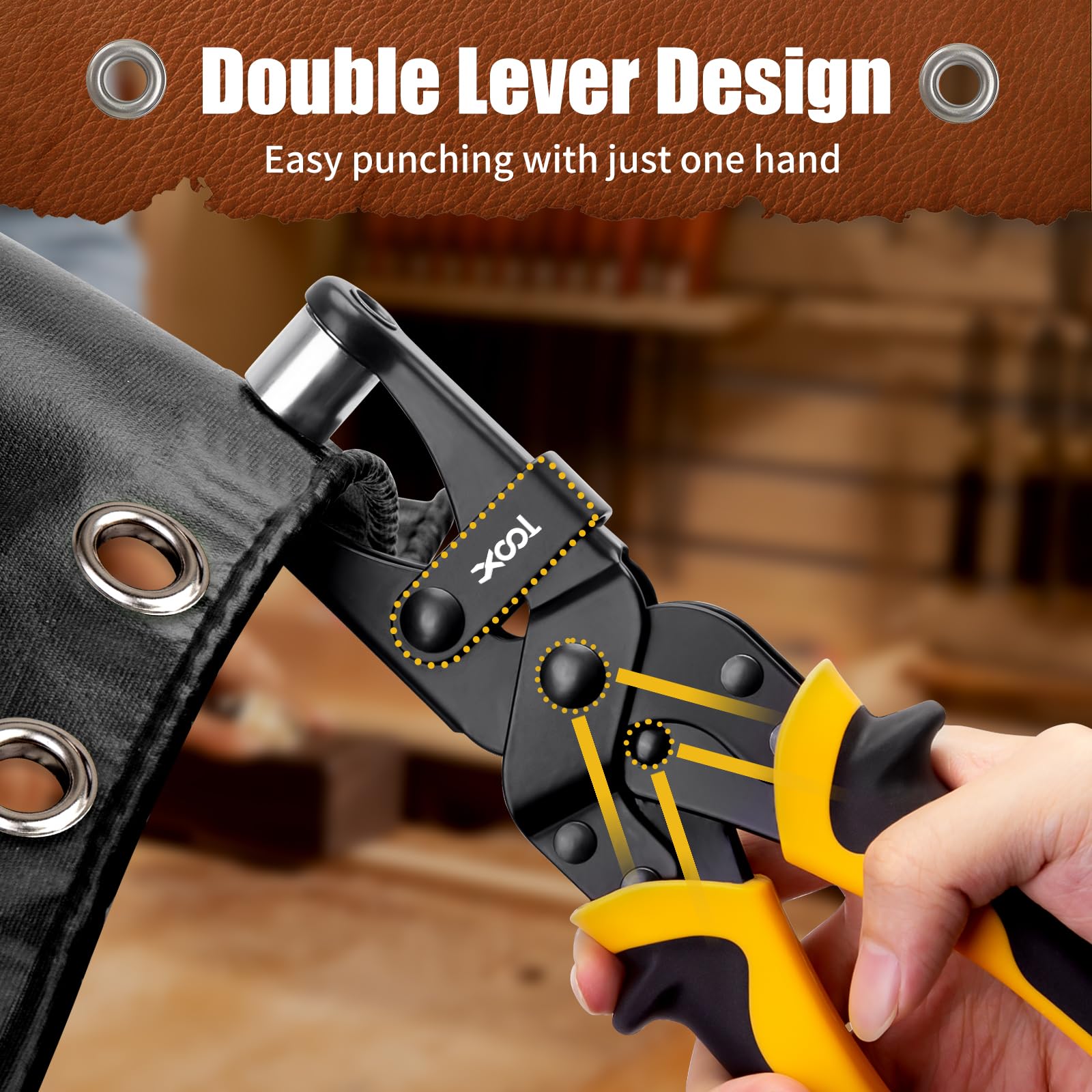 XOOL Pinza per Occhielli 2-in-1, Teste Intercambiabili 12 mm & 10 mm a Rotazione, Strumento per Forare con Sistema Magnetico per Tela, Pelle, Teli e Fai-da-te – 400 Occhielli e Rondelle Inclusi